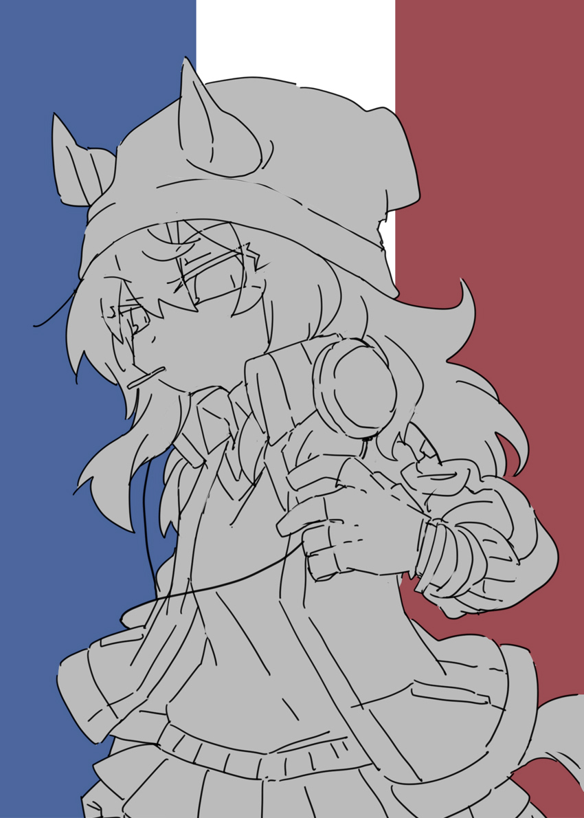 beer hsk, nakayama festa (umamusume), umamusume, 1girl, animal ears, beanie, ears through headwear, fingerless gloves, french flag, gloves, hat, headphones, headphones around neck, horse ears, horse girl, horse tail, jacket, long hair, long sleeves, open clothes, open jacket, pleated skirt, puffy long sleeves, puffy sleeves, skirt, solo, sweat, tail