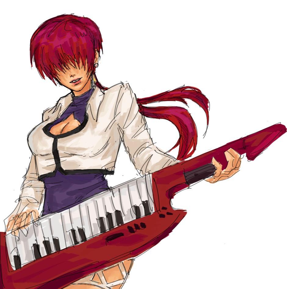 shermie (kof), the king of fighters, 1girl, breasts, cleavage cutout, clothing cutout, curvy, earrings, female focus, instrument, jacket, jewelry, large breasts, musician, piano, piano keys, ponytail, red hair, rindomi3, skirt, thick thighs, thighs, twintails, wide hips