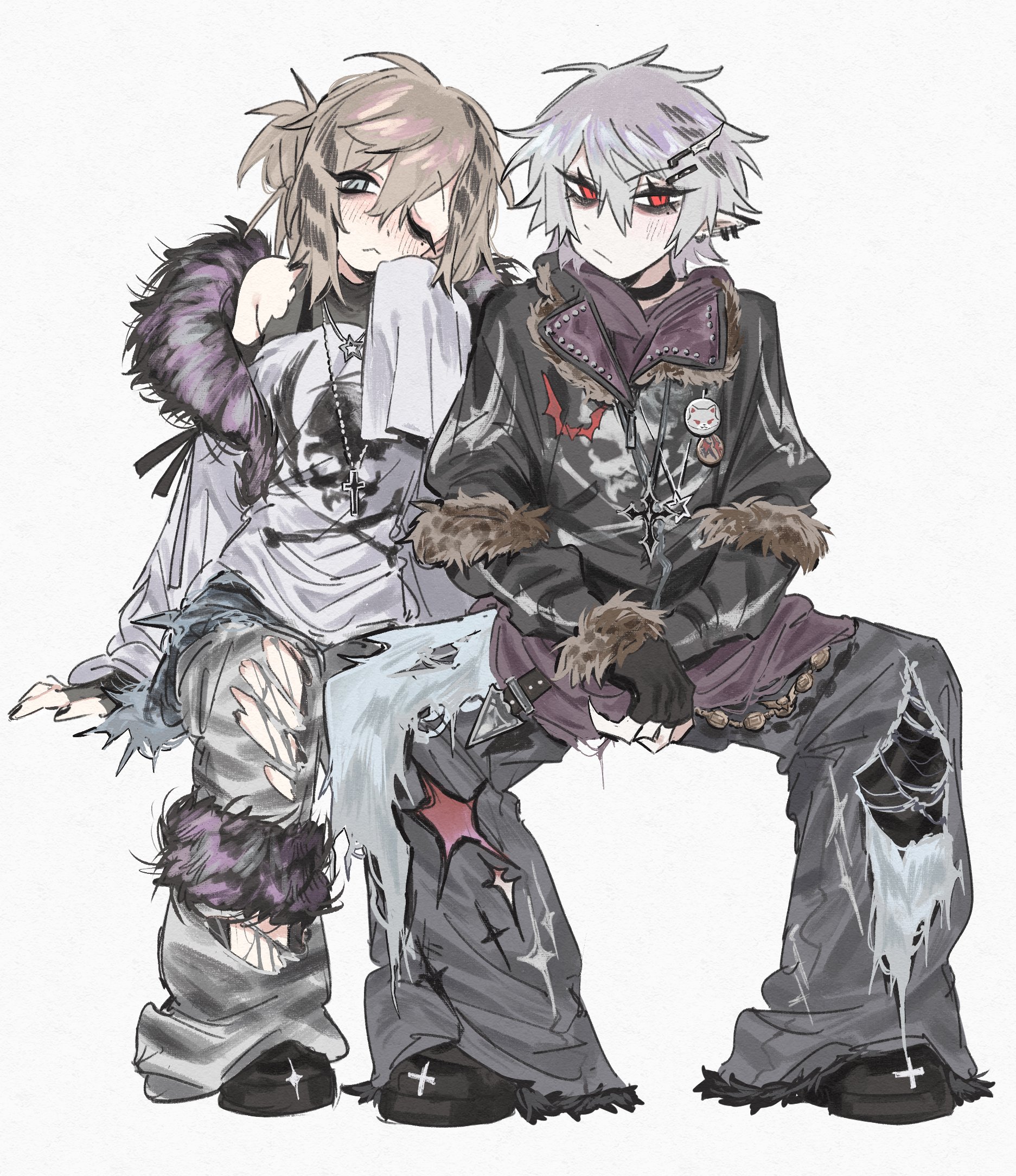 sp1nosaur, kanae (nijisanji), kuzuha (nijisanji), nijisanji, commentary, highres, symbol-only commentary, 2boys, alternate costume, badge, bags under eyes, black choker, black gloves, black shoes, blush, brown hair, button badge, choker, closed mouth, cross, cross necklace, ear piercing, fingerless gloves, full body, fur-trimmed jacket, fur trim, gloves, grey hair, grey jacket, grey pants, grey shirt, hair ornament, hairclip, head tilt, invisible chair, jacket, jewelry, knife hair ornament, male focus, mole, mole under eye, multiple boys, necklace, one eye closed, pants, piercing, pointy ears, print shirt, punk, raccoon tails (hairstyle), red eyes, shirt, shoes, side ponytail, simple background, single sleeve past fingers, sitting, torn clothes, torn pants, torn shirt, virtual youtuber, white background