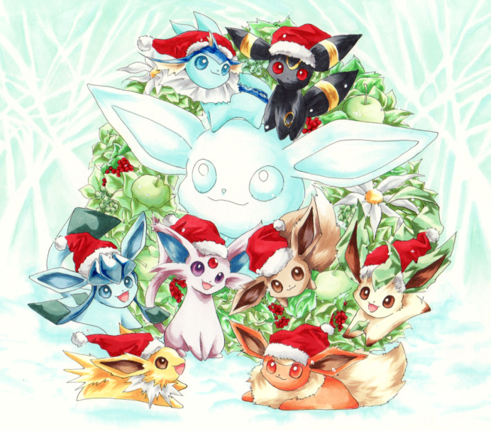 ryuukyou, eevee, espeon, flareon, glaceon, jolteon, leafeon, umbreon, vaporeon, nintendo, pokemon, bad id, bad pixiv id, :3, chibi, christmas, clothed pokemon, everyone, evolutionary line, gen 1 pokemon, gen 2 pokemon, gen 4 pokemon, no humans, open mouth, pokemon (creature), smile