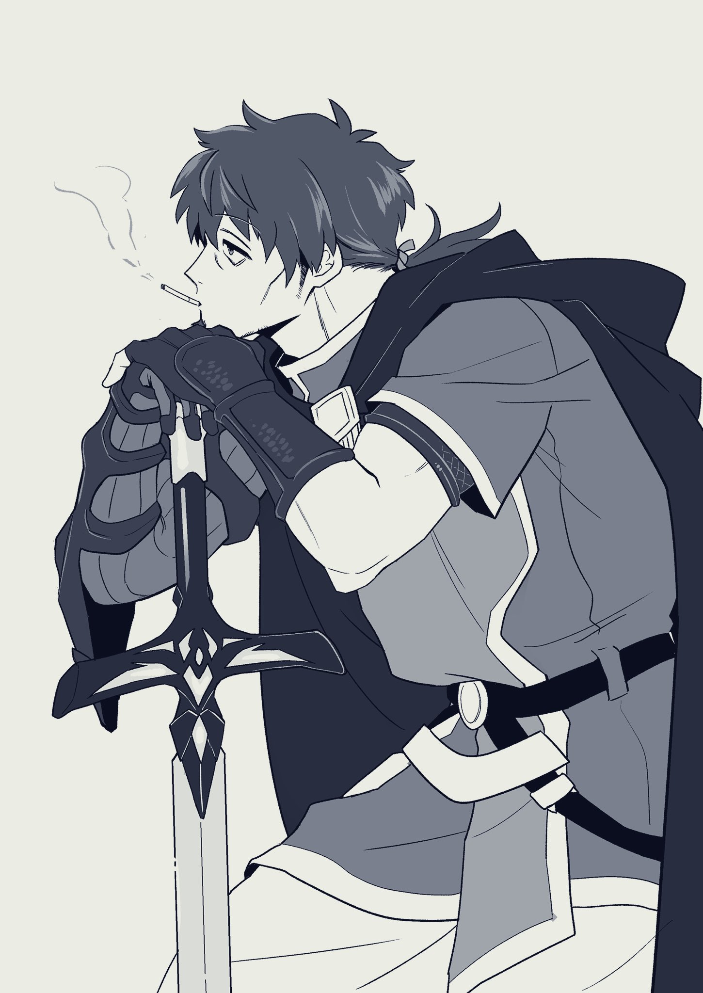haruto (hit23ewluvnpfo6), hector (fate), fate/grand order, fate (series), highres, 1boy, belt, cape, cheekbones, cigarette, gauntlets, grey background, leaning on weapon, male focus, mature male, monochrome, pants, ponytail, prosthesis, prosthetic arm, short hair, short sleeves, sideburns, simple background, smoking, solo, sword, tabard, tunic, weapon