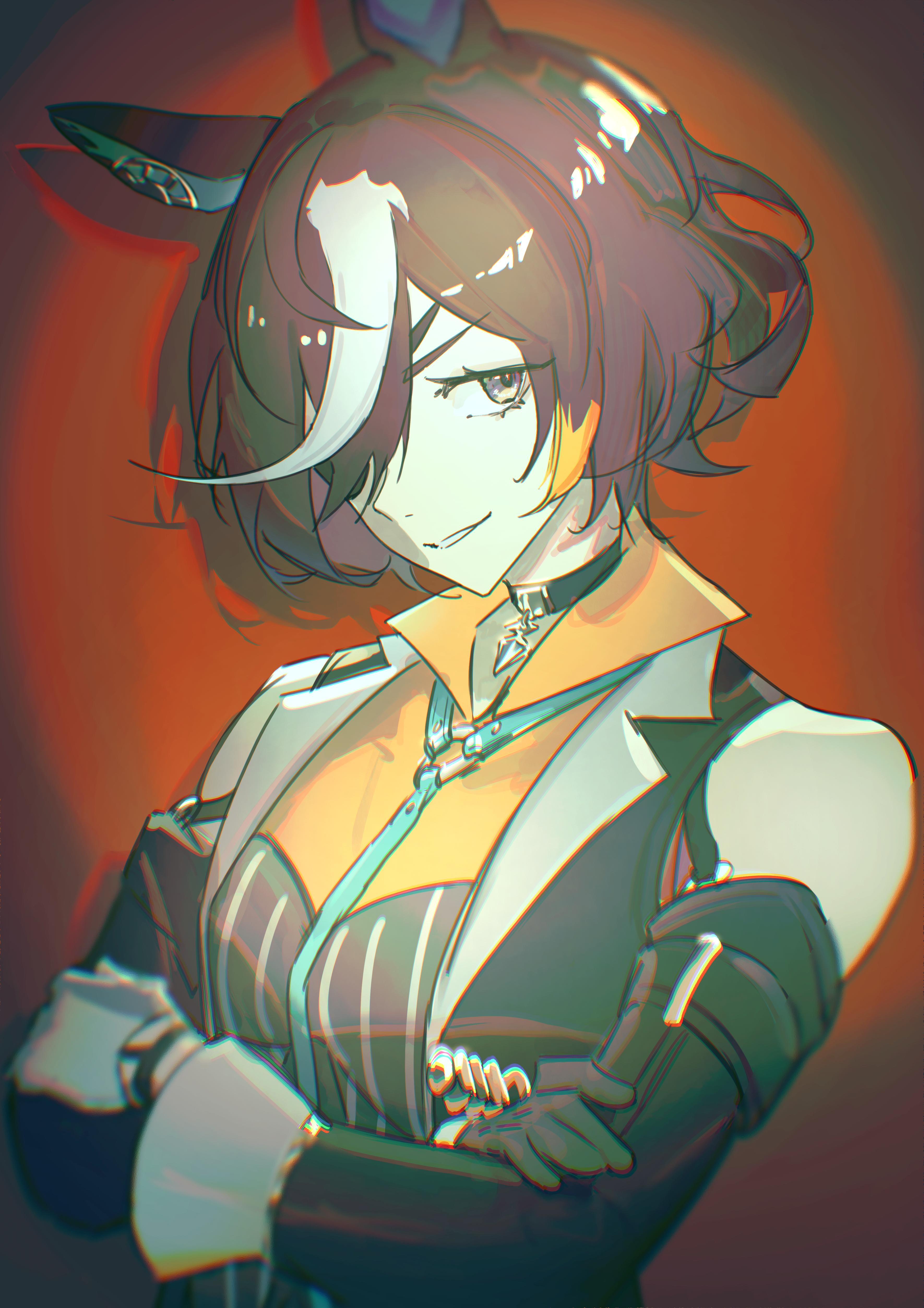 peemy, tanino gimlet (embodiment of keravnos) (umamusume), tanino gimlet (umamusume), umamusume, absurdres, commentary, english commentary, highres, 1girl, animal ears, asymmetrical gloves, bare shoulders, black choker, black gloves, blue necktie, breasts, brown hair, choker, collared shirt, detached sleeves, ear ornament, eyepatch, gloves, hair between eyes, hair over one eye, horse ears, horse girl, jacket, long sleeves, looking at viewer, mismatched gloves, multicolored hair, necktie, orange shirt, parted lips, pendant choker, shirt, short hair, sleeveless, sleeveless jacket, smile, solo, streaked hair, upper body, white gloves, white hair, yellow eyes, yellow shirt