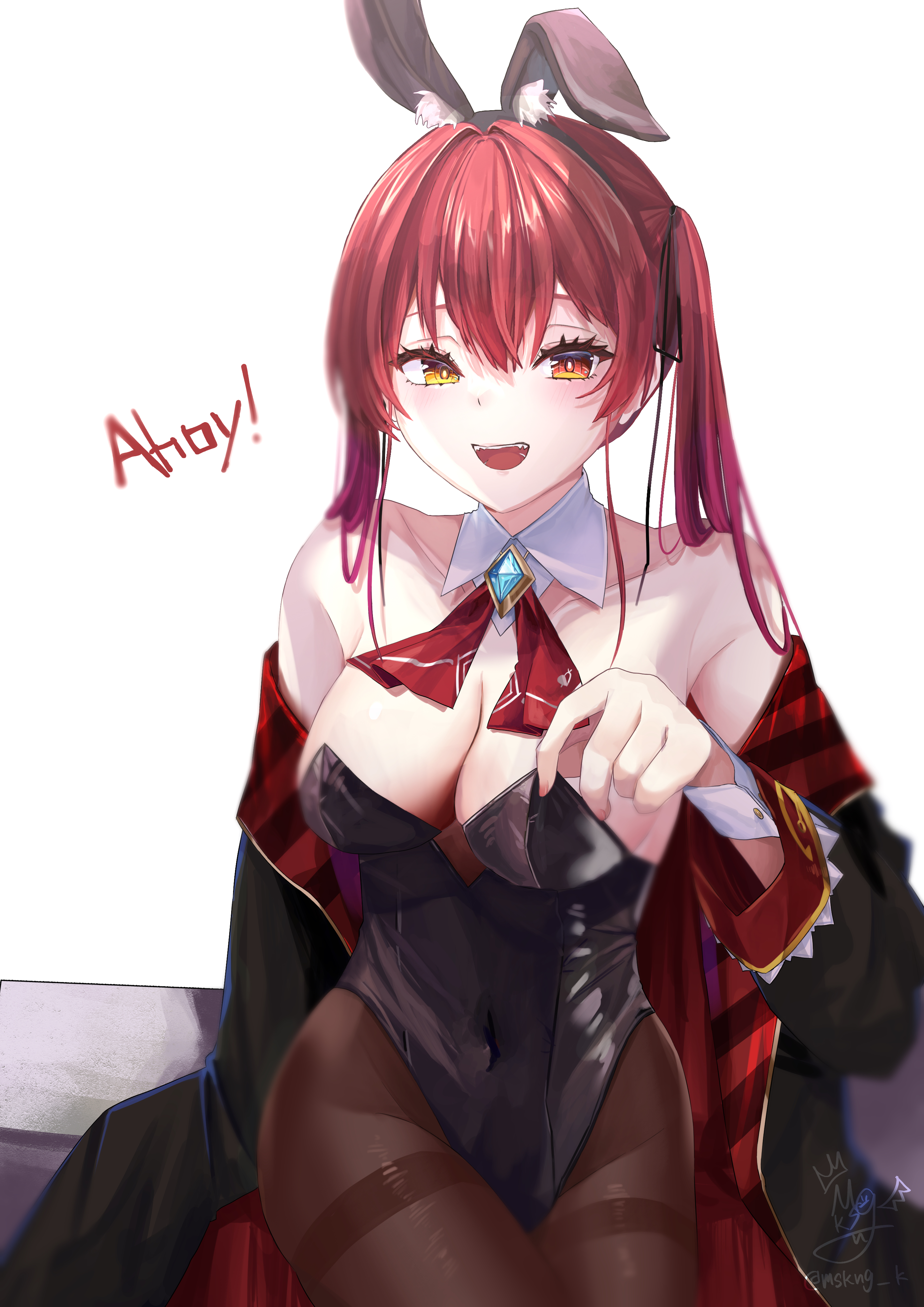 misakingu, houshou marine, hololive, absurdres, commentary, highres, symbol-only commentary, 1girl, alternate costume, animal ears, black jacket, black leotard, black pantyhose, breasts, cleavage, collar, detached collar, fake animal ears, heterochromia, jacket, large breasts, leotard, long hair, multicolored jacket, open mouth, pantyhose, playboy bunny, rabbit ears, red eyes, red hair, red jacket, solo, twintails, two-tone jacket, very long hair, virtual youtuber, white background, white collar, white wrist cuffs, wrist cuffs, yellow eyes