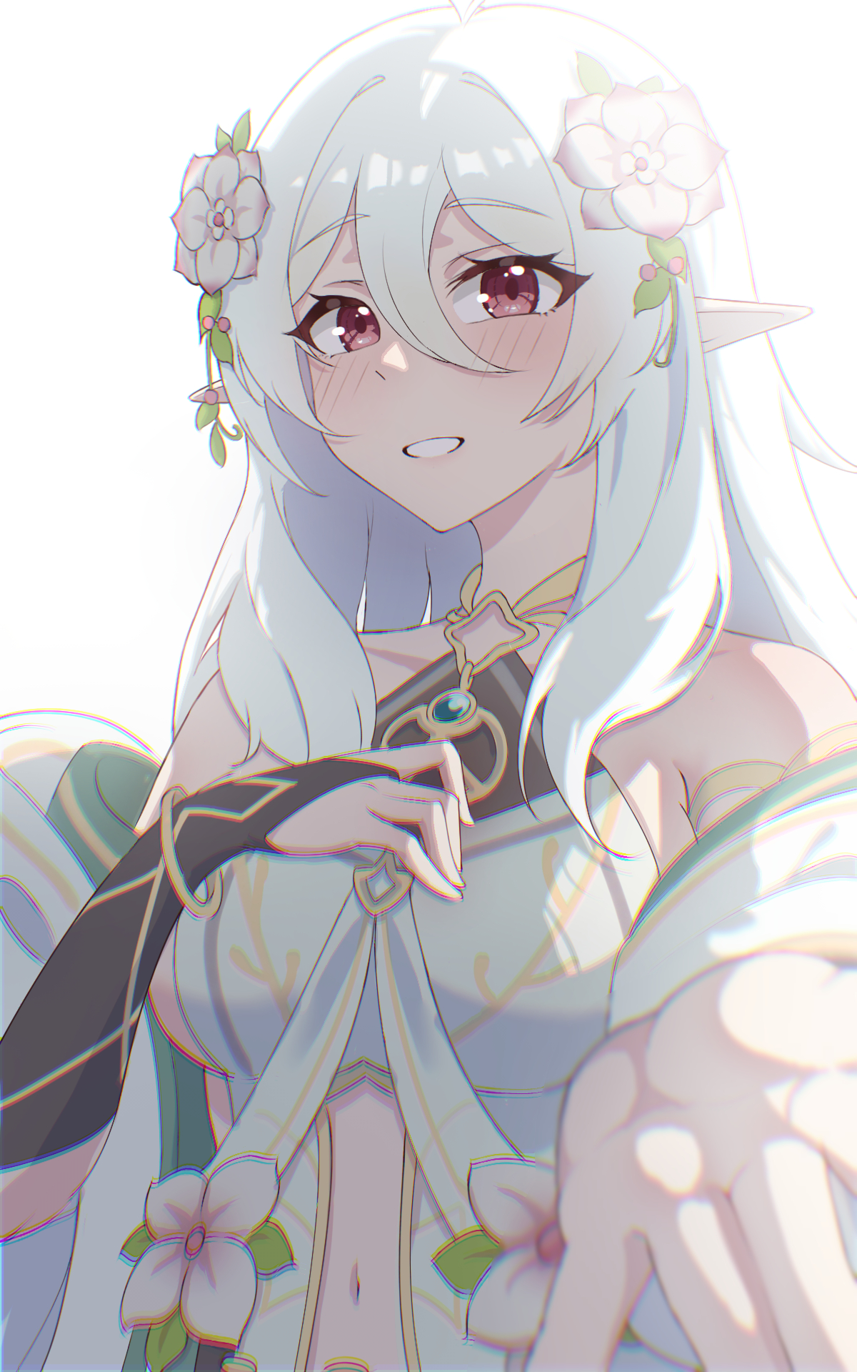 zc007, kokkoro (princess connect!), princess connect!, commentary request, highres, 1girl, aged up, bangle, bare shoulders, blush, bracelet, breasts, clothing cutout, dress, elf, flower, gloves, hair flower, hair ornament, hand on own chest, jewelry, kokkoro (young guide) (princess connect!), long hair, looking at viewer, medium breasts, navel, outstretched hand, pointy ears, reaching, reaching towards viewer, sideboob, smile, solo, stomach cutout, upper body, white dress, white flower, white hair