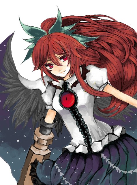 haihai, reiuji utsuho, touhou, 1girl, brown hair, female focus, red eyes, red hair, ribbon, simple background, skirt, solo, white background, wings