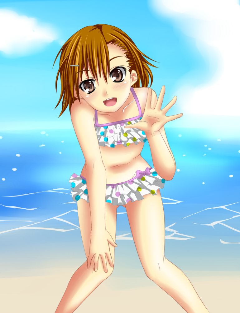 akihila, misaka mikoto, toaru kagaku no railgun, toaru majutsu no index, frilled swimsuit, bad id, bad pixiv id, 00s, beach, bikini, brown eyes, brown hair, day, frilled bikini, frills, head tilt, leaning forward, outdoors, polka dot, polka dot swimsuit, ruffle bikini, short hair, solo, swimsuit, tankini, water, waving