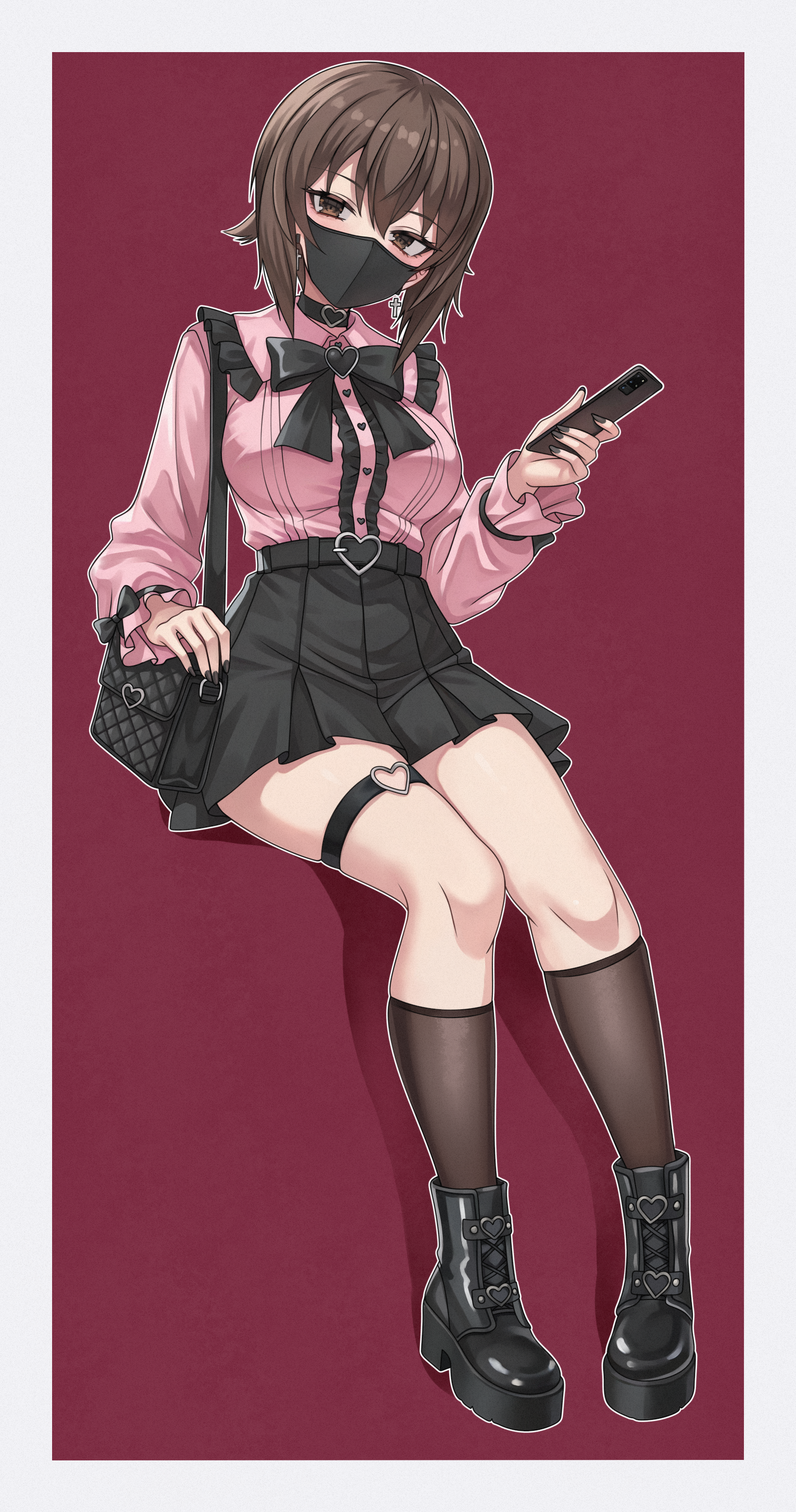 aadka5, nishizumi maho, girls und panzer, absurdres, commentary, highres, 1girl, ankle boots, bag, black boots, black bow, black bowtie, black choker, black mask, black nails, black skirt, black socks, boots, border, bow, bowtie, breasts, brown eyes, brown hair, cellphone, center frills, choker, covered mouth, cross, cross earrings, earrings, frills, hair between eyes, heart, heart o-ring, high-waist skirt, high heel boots, high heels, holding, holding phone, invisible chair, jewelry, jirai kei, kneehighs, large breasts, leather, leather boots, legs, long sleeves, looking at viewer, mask, miniskirt, mouth mask, nail polish, o-ring, o-ring thigh strap, phone, pink shirt, platform boots, pleated skirt, quilted bag, red background, shirt, short hair, shoulder bag, sitting, skirt, smartphone, socks, solo, thigh strap, very long fingernails, white border