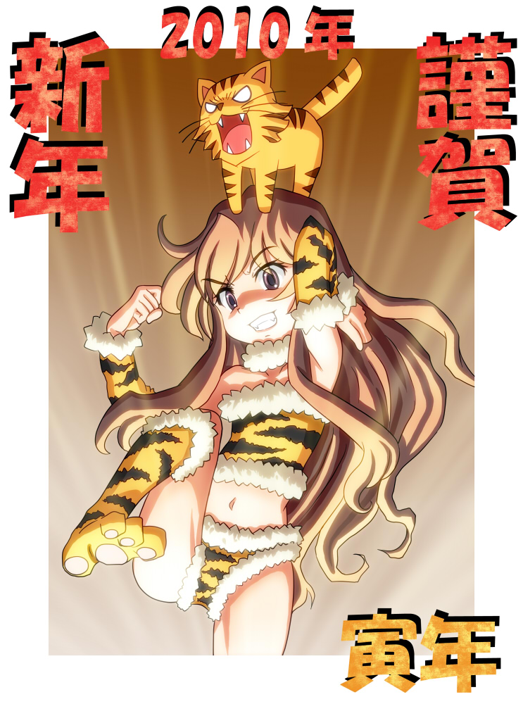 chunpai, aisaka taiga, palmtop tiger, toradora!, 00s, 10s, 1girl, 2010, animal hands, animal print, bikini, brown eyes, brown hair, detached sleeves, fang, female focus, flat chest, grin, long hair, new year, smile, solo, swimsuit, tiger, tiger print