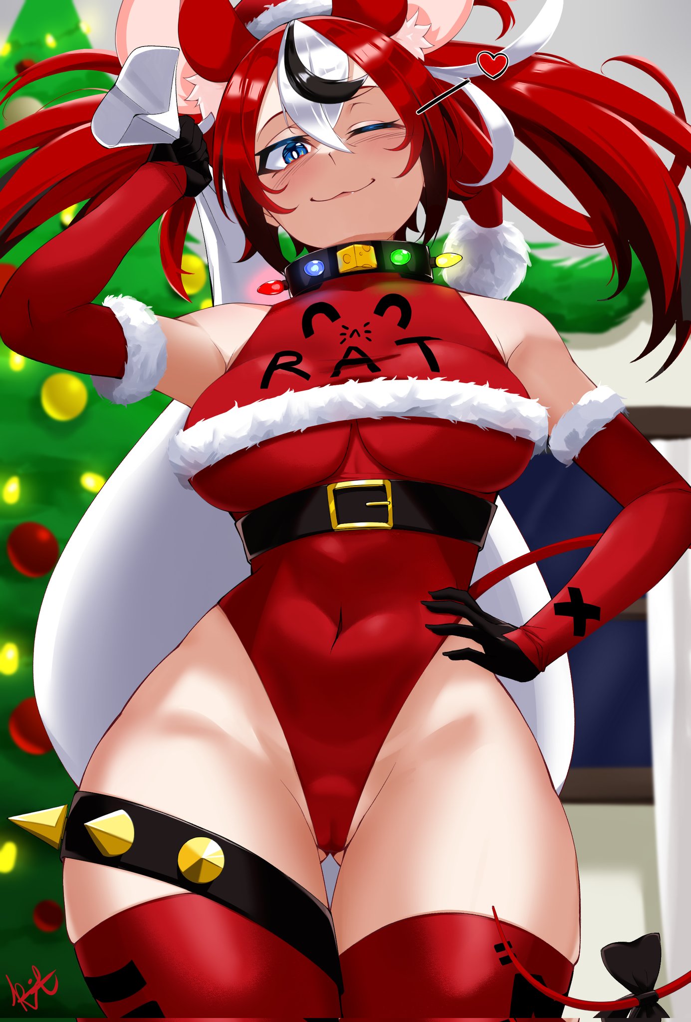 clarkekitsp, hakos baelz, hololive, hololive english, commentary, corrupted twitter file, highres, 1girl, animal ear fluff, animal ears, arm up, belt, black belt, black gloves, black hair, black streaks, blue eyes, blush, bow, breasts, christmas lights, christmas ornaments, christmas tree, clothes writing, collar, covered navel, detached sleeves, double-parted bangs, fur-trimmed sleeves, fur trim, gloves, gluteal fold, hair between eyes, hand on own hip, hat, heart, holding, holding sack, leotard, looking at viewer, medium breasts, mouse ears, mouse tail, multicolored hair, one eye closed, red hair, red leotard, sack, santa costume, santa hat, smile, spiked thigh strap, standing, tail, tail bow, tail ornament, thigh gap, thigh strap, thighhighs, thighs, twintails, uneven twintails, virtual youtuber, white hair, wide hips, window