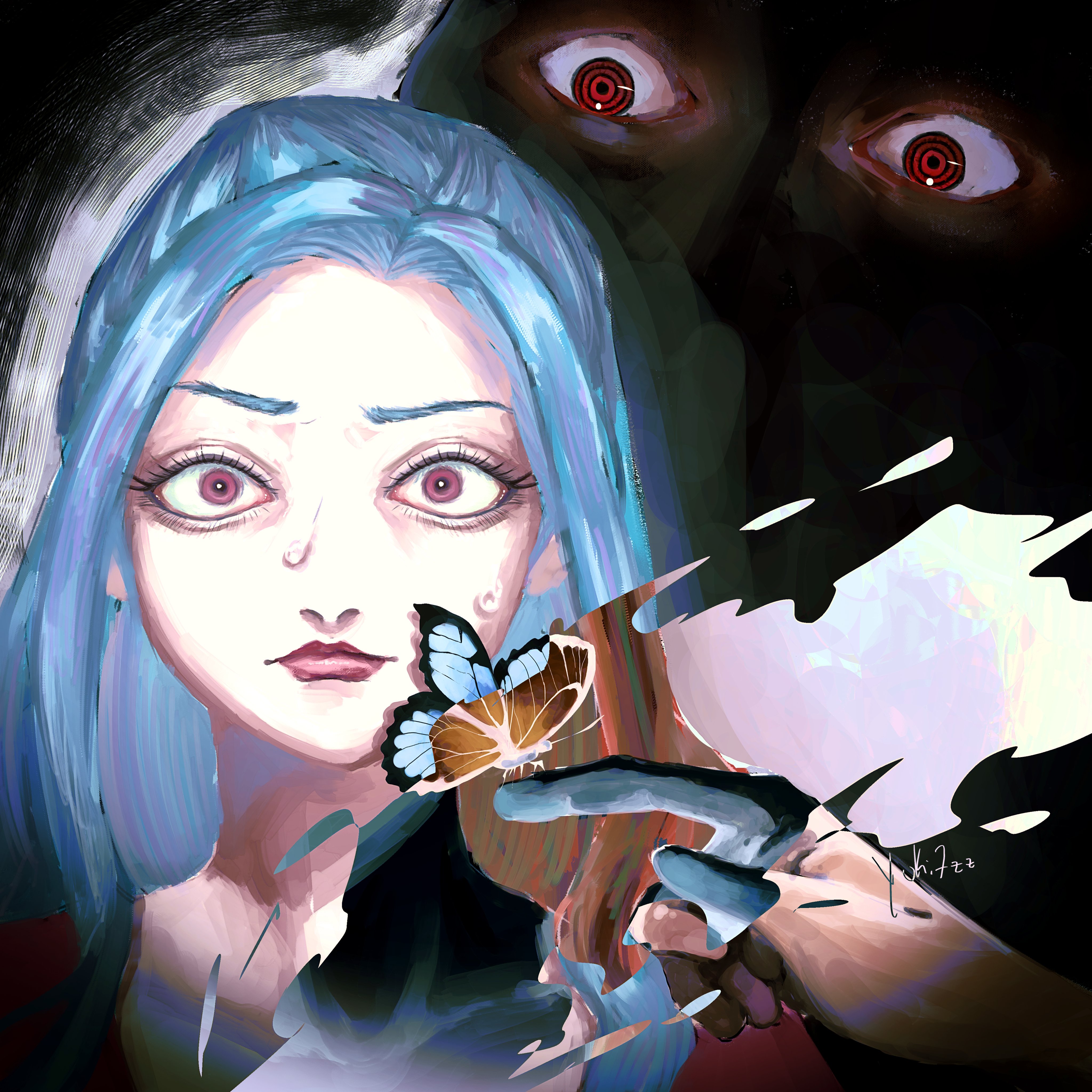 imu (one piece), nefertari vivi, one piece, absurdres, hashtag-only commentary, highres, 1girl, 1other, black background, blue hair, bug, butterfly, hand up, insect, purple eyes, red eyes, yuki7zz