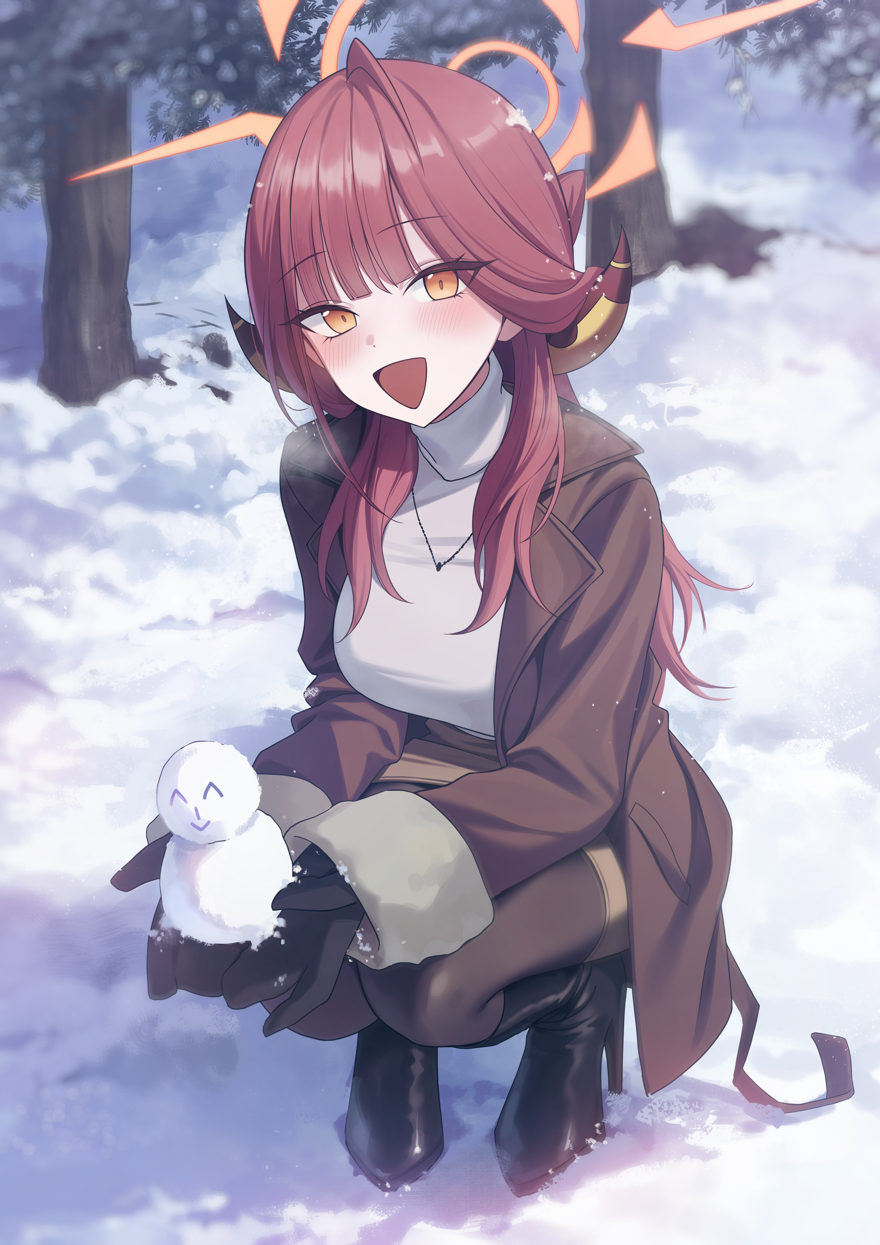 okkimon, aru (blue archive), doodle sensei (blue archive), sensei (blue archive), blue archive, absurdres, commentary, highres, 1girl, alternate costume, black pantyhose, black shoes, breath, brown coat, brown skirt, coat, dated commentary, demon horns, halo, high heels, horns, jewelry, long hair, looking at viewer, mini snowman, necklace, outdoors, pantyhose, pink hair, shoes, skirt, snow, snowman, solo, squatting, sweater, white sweater