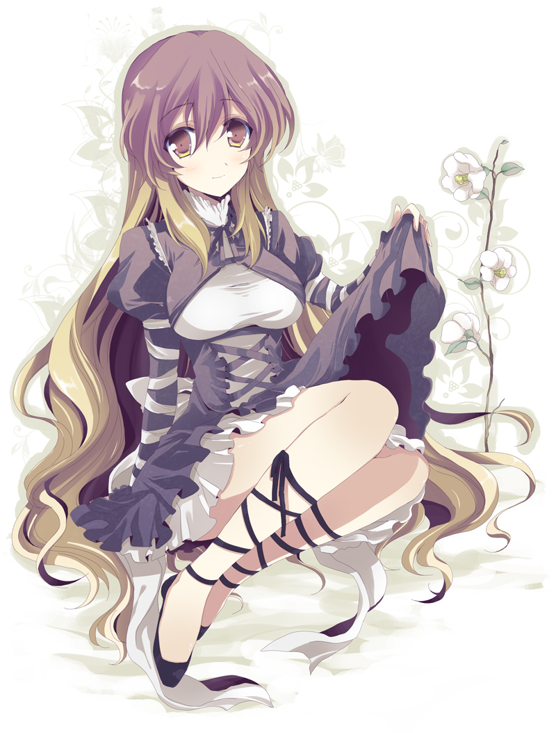 nakayama miyuki, hijiri byakuren, touhou, bad id, bad pixiv id, 1girl, adapted costume, blonde hair, brown eyes, brown hair, clothes lift, dress, dress lift, female focus, flower, gradient hair, leg ribbon, legs, light smile, long hair, multicolored hair, ribbon, sitting, solo, yellow eyes