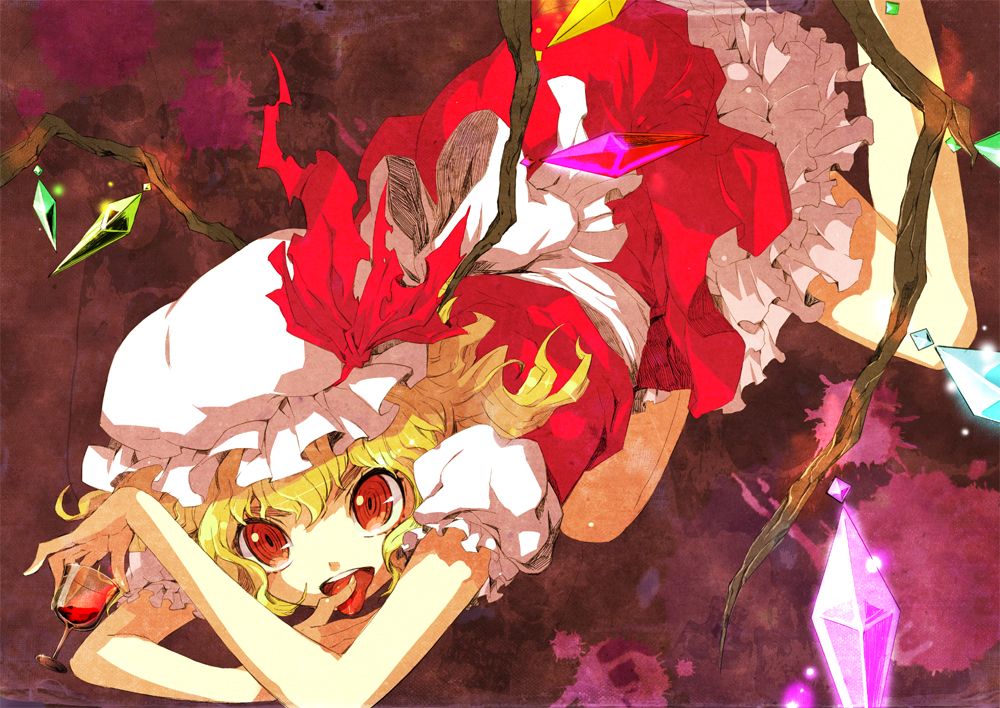 gin (oyoyo), flandre scarlet, touhou, 1girl, blonde hair, cup, drinking glass, female focus, finger to mouth, glowing, hat, red eyes, ringed eyes, short hair, side ponytail, solo, tongue, wine glass, wings