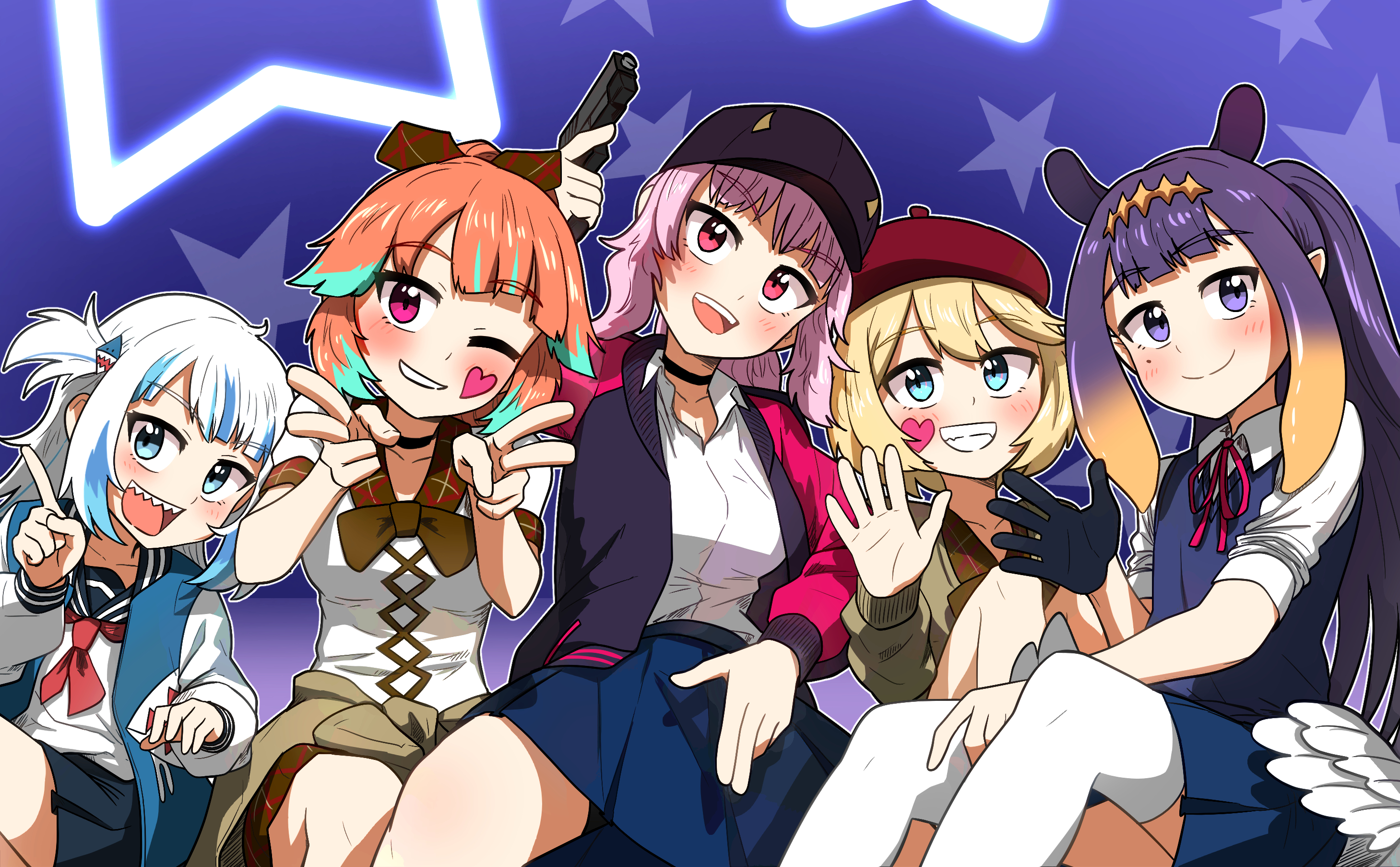ddolbang, gawr gura, mori calliope, ninomae ina'nis, takanashi kiara, watson amelia, hololive, hololive english, holomyth, highres, 5girls, :d, beret, black choker, blonde hair, blue eyes, blue hair, blue jacket, blue sweater vest, blunt bangs, bow, bowtie, breasts, brown bow, brown bowtie, choker, collar, diamond hairband, finger gun, gloves, gradient hair, grey jacket, gun, hair bow, hair ornament, hat, heart, jacket, long hair, looking at viewer, mole, mole under eye, multicolored hair, multiple girls, open mouth, orange hair, patterned background, pink hair, pink jacket, pointing, pointy ears, purple hair, red hat, red ribbon, ribbon, sailor collar, school uniform, shark girl, shark hair ornament, sharp teeth, shirt, single glove, sitting, smile, star (symbol), streaked hair, sweater vest, teeth, v, virtual youtuber, waving, weapon, white collar, white hair, white shirt, white wings, wings