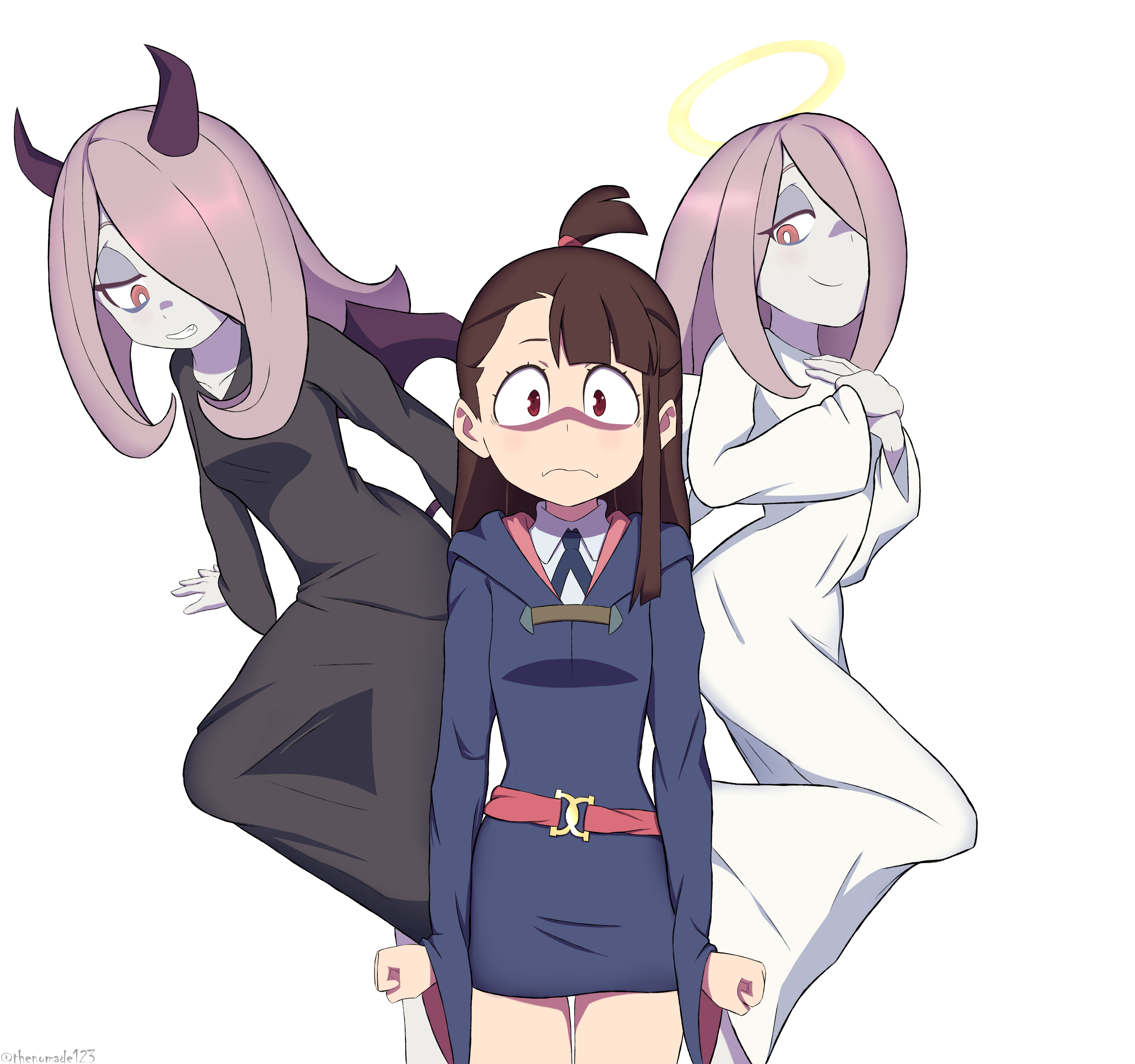 thenomade123, kagari atsuko, sucy manbavaran, little witch academia, absurdres, commentary, english commentary, highres, 3girls, angel and devil, arms at sides, belt, blunt bangs, breasts, bright pupils, brown hair, closed mouth, collarbone, collared shirt, dual persona, frown, grin, hair over one eye, halo, hands up, hood, hood down, horns, long hair, long sleeves, looking at viewer, luna nova school uniform, multiple girls, neck ribbon, pink hair, red eyes, ribbon, robe, school uniform, shirt, simple background, small breasts, smile, smirk, tail, thighs, white background, white pupils, white robe, white shirt, wide sleeves, wings