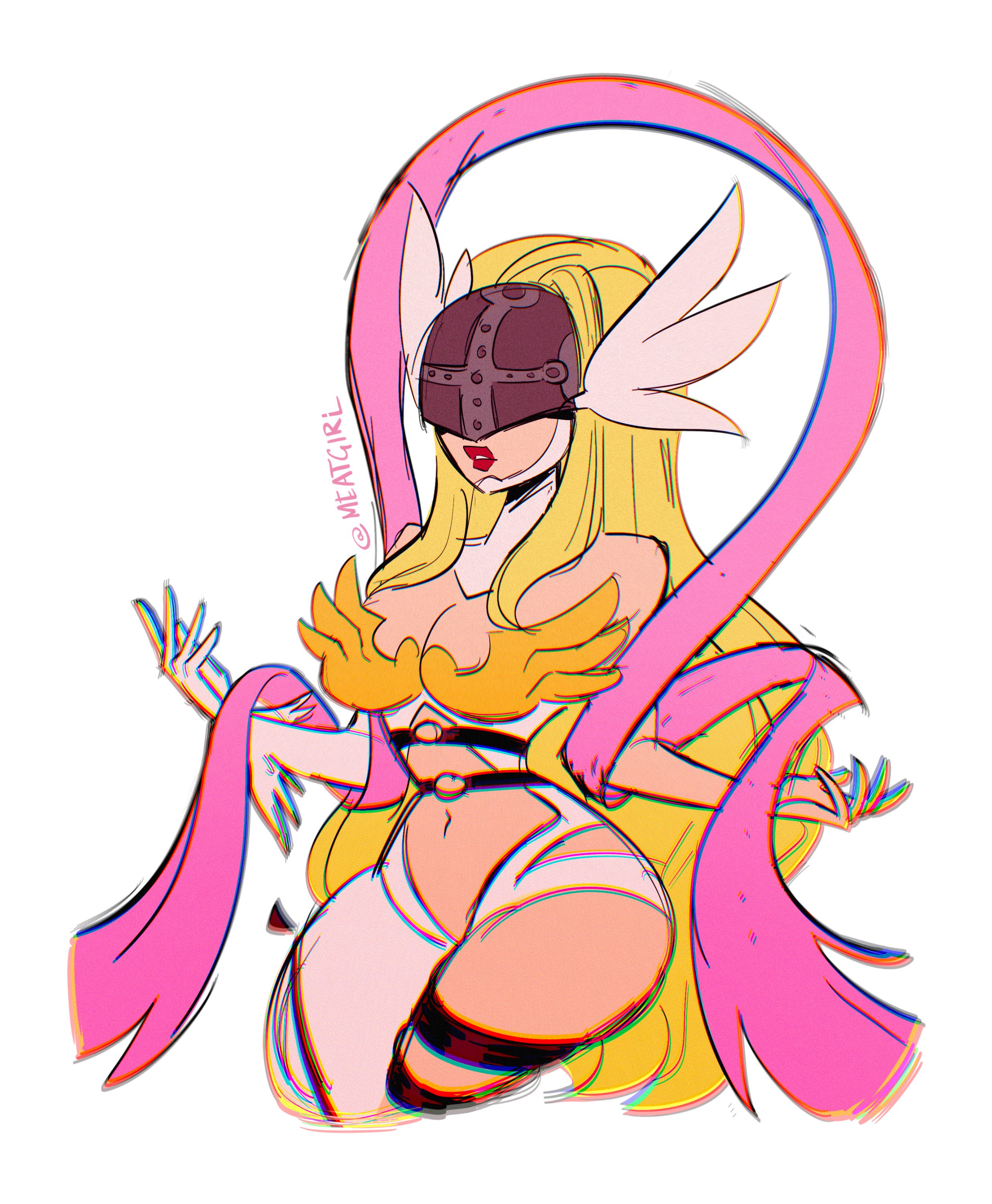 meatgiri, angewomon, digimon, absurdres, commentary, english commentary, highres, 1girl, armor, belt, blonde hair, breastplate, breasts, covered eyes, digimon (creature), elbow gloves, gloves, hands up, helmet, large breasts, leotard, lipstick, long hair, long scarf, makeup, midriff, pink scarf, red lips, scarf, sidelocks, signature, simple background, thick thighs, thigh strap, thighs, white background, white gloves, winged gloves, winged helmet