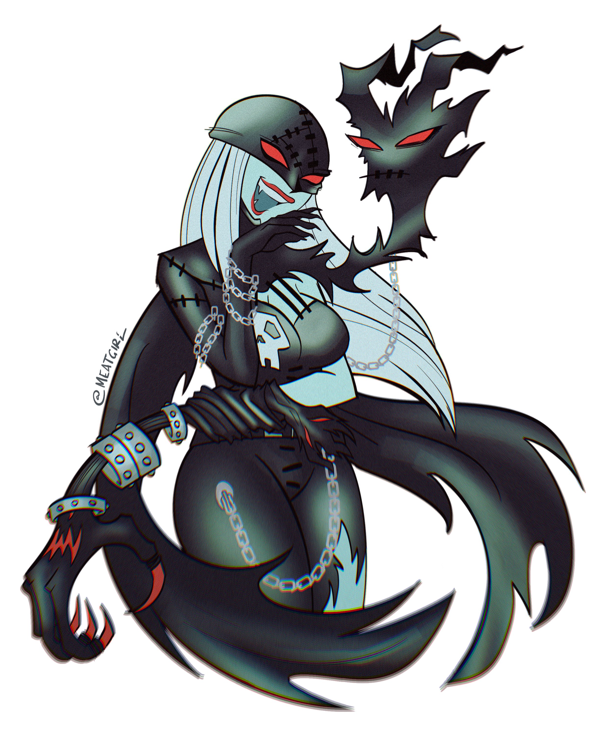 meatgiri, ladydevimon, digimon, absurdres, commentary, english commentary, highres, black pants, bracelet, breasts, chain, claws, cleavage, crossed arms, digimon (creature), fangs, gloves, grey hair, jacket, jewelry, large breasts, leather, leather gloves, leather jacket, leather pants, lipstick, long hair, makeup, mocking, pale skin, pants, red claws, red eyes, red lips, red nails, seductive smile, sidelocks, signature, simple background, skull print, smile, spiked bracelet, spikes, teeth, torn clothes, torn wings, white background, white hair, wings