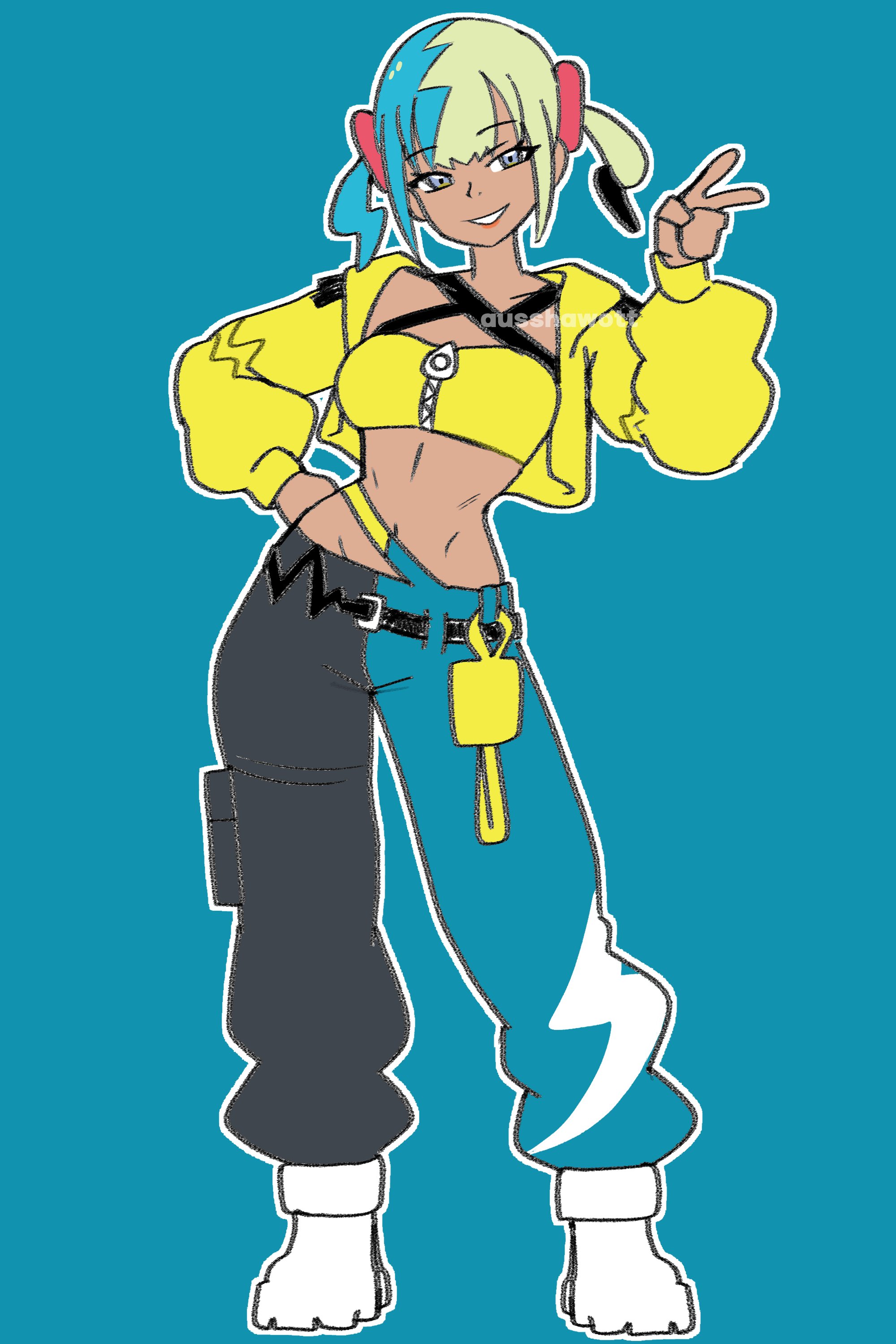 ausshawott, saucy aussy, canari (pokemon), nintendo, pokemon, pokemon legends: z-a, absurdres, highres, 1girl, aqua hair, bandeau, blonde hair, blue background, blue eyes, boots, breasts, criss-cross straps, dark-skinned female, dark skin, grey eyes, jacket, long sleeves, looking at viewer, multicolored hair, open mouth, pants, short twintails, smile, solo, split-color clothes, split-color hair, sports bra, stomach, twintails, two-tone hair, two-tone pants, v, white boots, yellow bandeau, yellow jacket, yellow sports bra