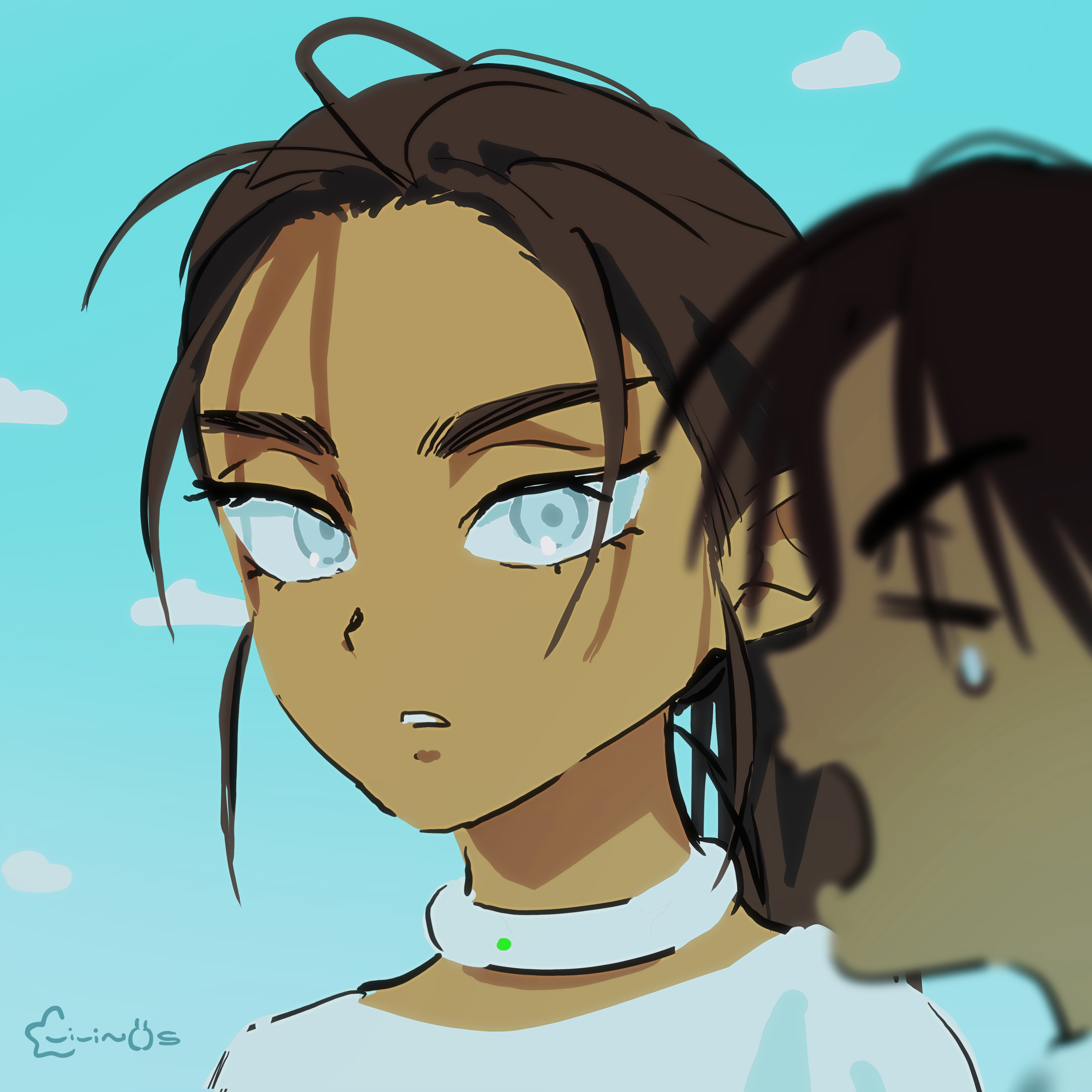 vivinos, hyuna (alien stage), alien stage, absurdres, bilingual commentary, commentary, english commentary, highres, korean commentary, mixed-language commentary, official art, second-party source, 1boy, 1girl, blue background, brother and sister, brown hair, choker, dark-skinned female, dark-skinned male, dark skin, grey eyes, hyunwoo (alien stage), siblings, signature, white choker