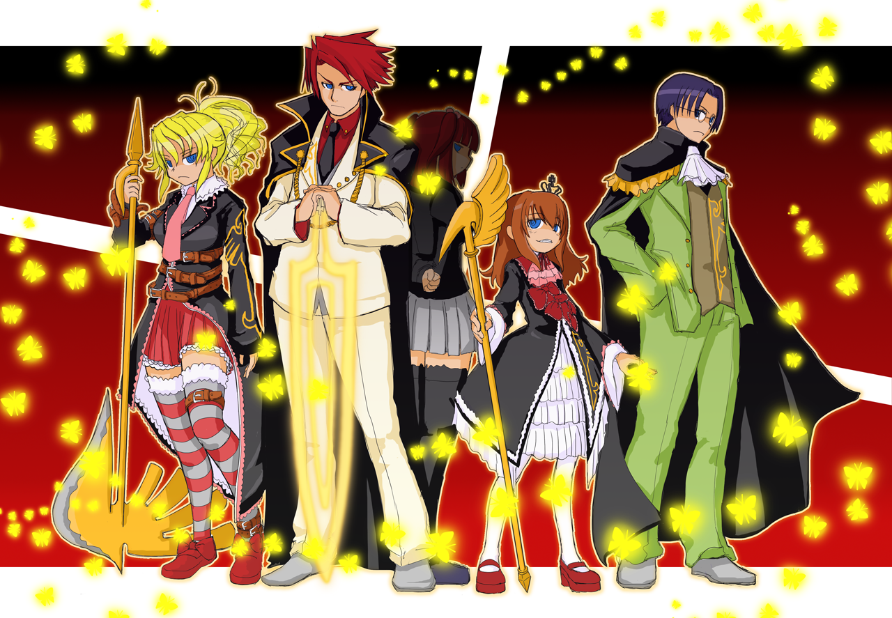 ando touta, andou touta, ushiromiya ange, ushiromiya battler, ushiromiya george, ushiromiya jessica, ushiromiya maria, umineko no naku koro ni, 00s, 2boys, 3girls, axe, belt, black hair, blonde hair, brother and sister, crown, dress, formal clothes, glasses, multiple boys, multiple girls, ponytail, red hair, siblings, staff, suit, sword, thighhighs, twintails, weapon