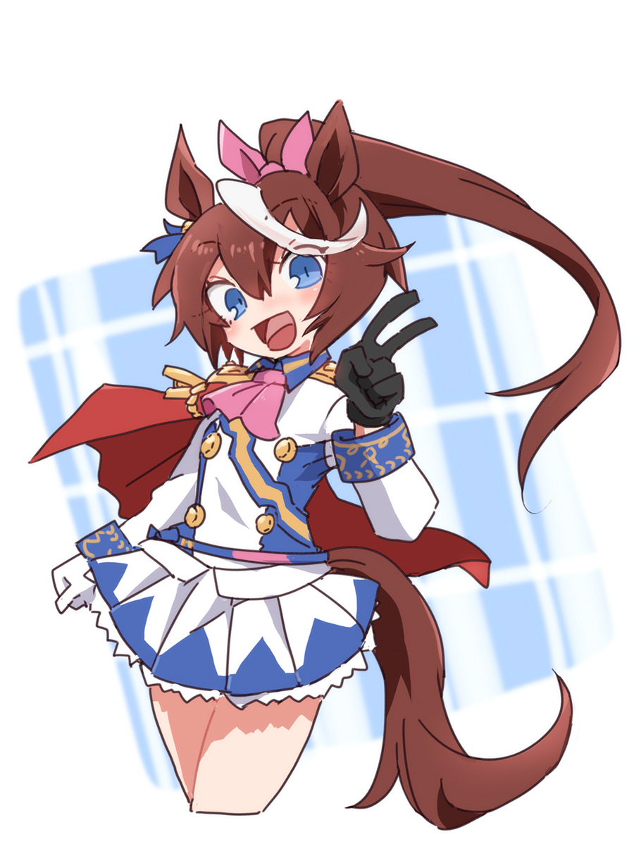 beer hsk, tokai teio (peak joy) (umamusume), tokai teio (umamusume), umamusume, 1girl, :d, animal ears, ascot, asymmetrical gloves, black gloves, blue eyes, blush, brown eyes, collared jacket, cropped legs, epaulettes, gloves, hair between eyes, hair ribbon, hand up, high ponytail, horse ears, horse girl, horse tail, jacket, long sleeves, looking at viewer, mismatched gloves, multicolored hair, open mouth, pink ascot, pink ribbon, pleated skirt, ponytail, ribbon, side cape, sidelocks, skirt, smile, solo, streaked hair, tail, white gloves, white hair, white jacket, white skirt