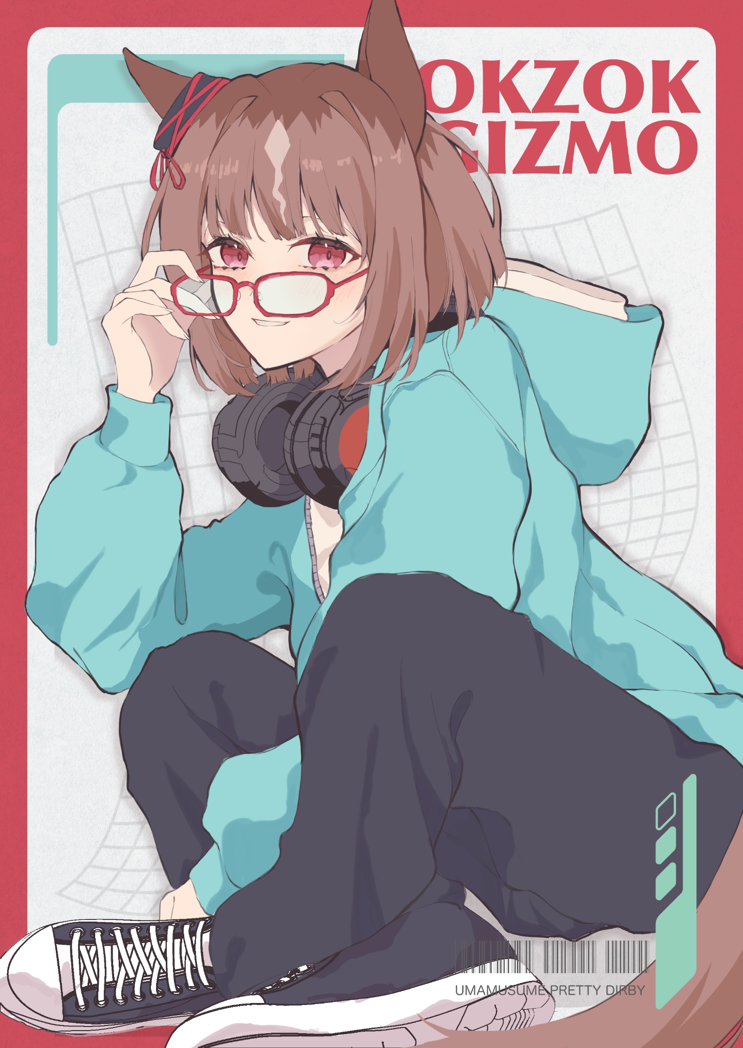 ri cochet, transcend (umamusume), umamusume, commentary request, highres, 1girl, animal ears, black pants, blue jacket, blush, brown hair, ear ornament, glasses, headphones, headphones around neck, hood, hooded jacket, horse ears, horse girl, horse tail, jacket, long sleeves, looking at viewer, multicolored hair, open clothes, open jacket, pants, parted lips, red-framed eyewear, red eyes, shirt, shoes, short hair, smile, solo, tail, white hair