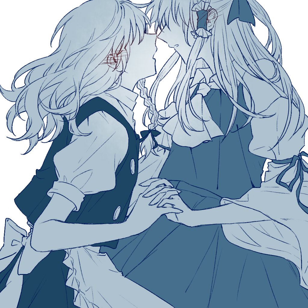hitte5416, hakurei reimu, kirisame marisa, touhou, chinese commentary, commentary request, 2girls, apron, ascot, back bow, blue theme, blush, bow, braid, detached sleeves, ear blush, frilled hair tubes, frills, hair bow, hair tubes, holding hands, imminent kiss, interlocked fingers, long hair, monochrome, multiple girls, puffy short sleeves, puffy sleeves, short sleeves, side braid, simple background, single braid, skirt, vest, waist apron, white background, yuri