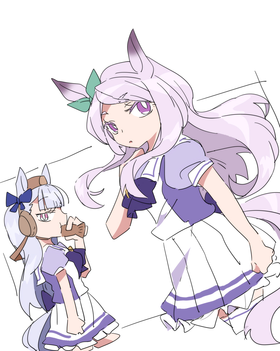 beer hsk, gold ship (umamusume), mejiro mcqueen (umamusume), umamusume, 2girls, animal ears, blue bow, bow, brown hat, cropped legs, ear bow, ear covers, ear ribbon, eating, food, green ribbon, grey hair, hand up, hat, holding, holding food, horse ears, horse girl, horse tail, long hair, mini hat, multiple girls, parted lips, pleated skirt, puffy short sleeves, puffy sleeves, purple bow, purple eyes, purple hair, purple shirt, ribbon, school uniform, shirt, short sleeves, skirt, swept bangs, tail, thick eyebrows, thighhighs, tracen school uniform, very long hair, white background, white skirt, white thighhighs