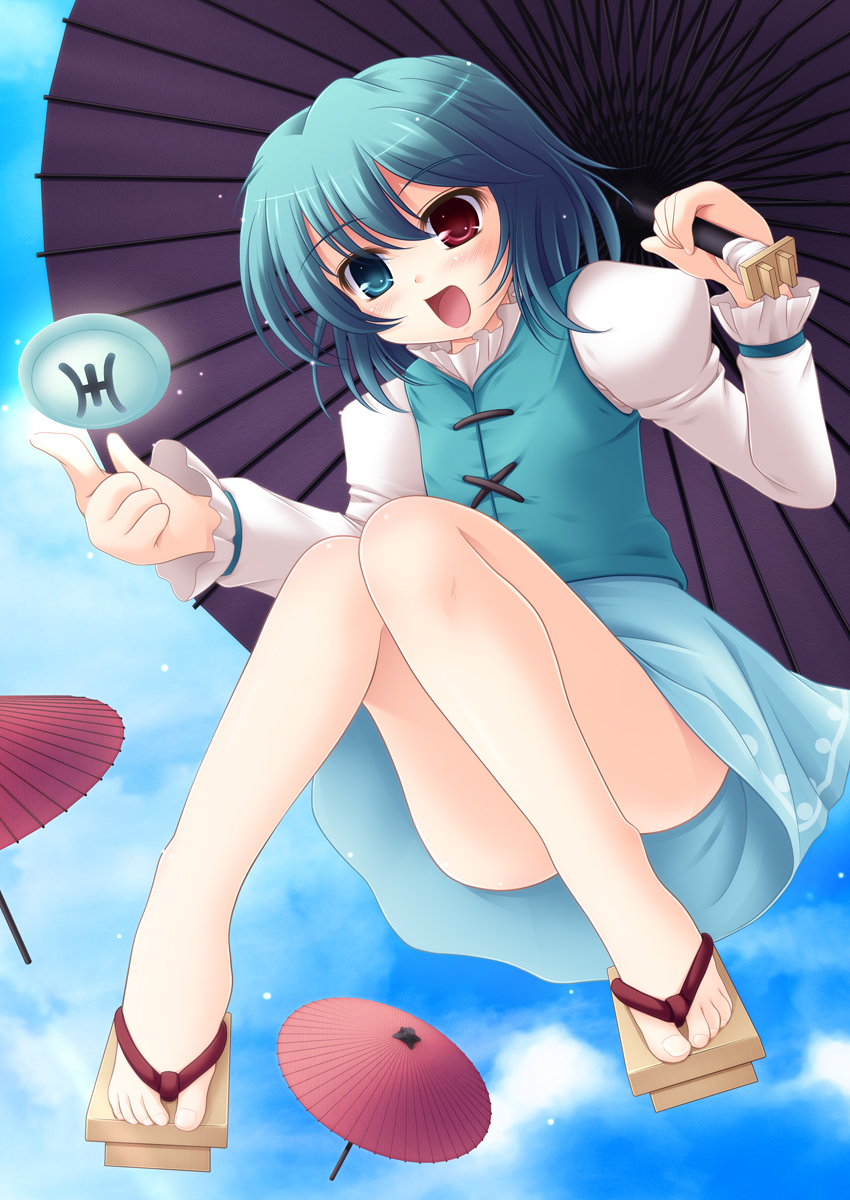 takamu, tatara kogasa, touhou, highres, 1girl, blue eyes, blue hair, female focus, geta, heterochromia, matching hair/eyes, no socks, oil-paper umbrella, red eyes, sandals, shadow, short hair, solo, umbrella