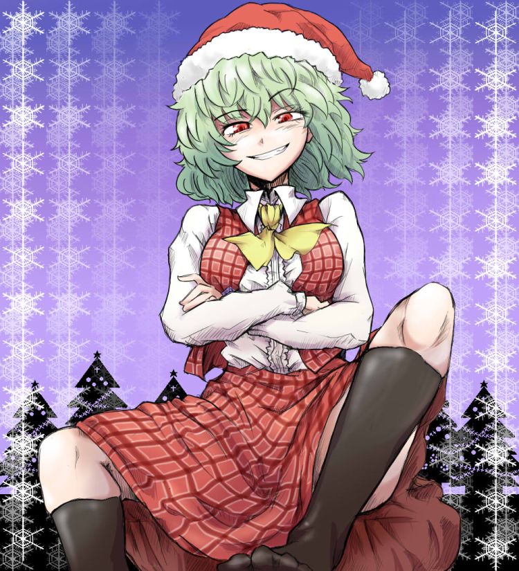 naui kudan, kazami yuuka, touhou, 1girl, ascot, christmas tree, crossed arms, feet, female focus, green hair, grin, hat, plaid clothes, plaid skirt, plaid vest, red eyes, santa hat, short hair, skirt, skirt set, smile, snowflakes, socks, solo, vest
