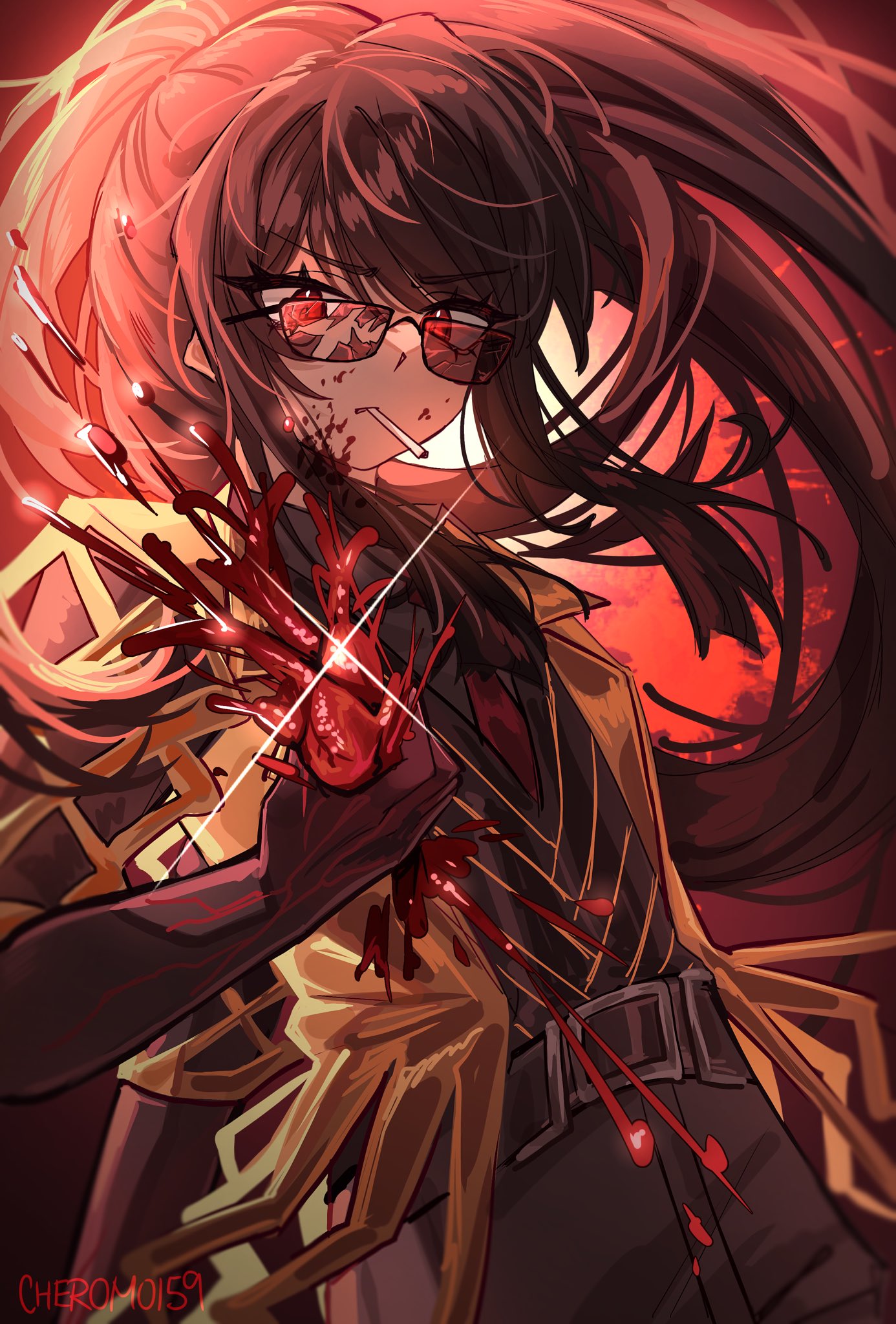 cheromo159, ryoshu (project moon), limbus company, project moon, highres, 1girl, artist name, belt, black belt, black gloves, black hair, black pants, black shirt, black vest, blood, blood on clothes, blood on face, blood on hands, blood splatter, blood spray, broken eyewear, cigarette, coat, collared shirt, contempt awe (e.g.o), cowboy shot, e.g.o (project moon), elbow gloves, glasses, gloves, heart (organ), high ponytail, holding, holding heart (organ), long hair, looking over eyewear, n corp. e.g.o (identity) (project moon), necktie, pants, ponytail, red-tinted eyewear, red eyes, red necktie, shirt, sidelocks, solo, sunglasses, tinted eyewear, unlit cigarette in mouth, very long hair, vest, yellow coat