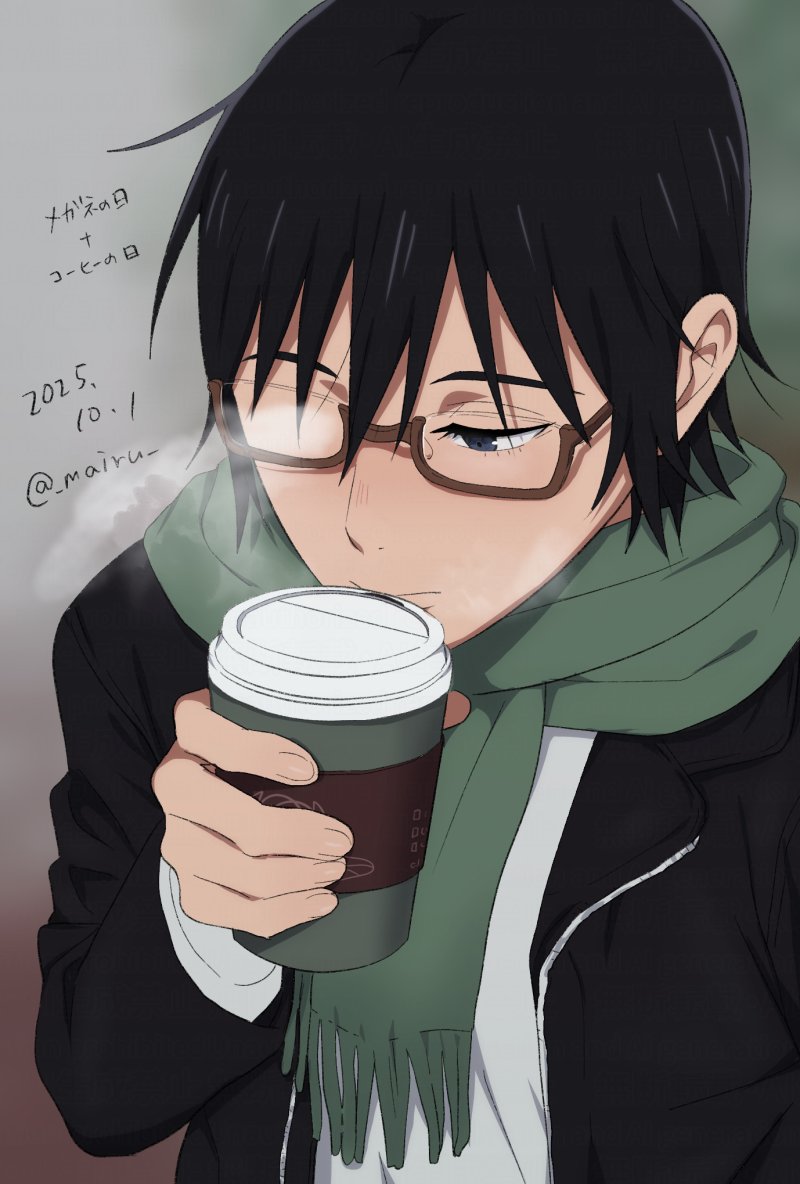mairu (582284310), fujinuma satoru, boku dake ga inai machi, commentary request, 1boy, black jacket, cup, dated, disposable coffee cup, disposable cup, drinking, glasses, green scarf, grey background, jacket, male focus, scarf, semi-rimless eyewear, short hair, steam, twitter username, upper body