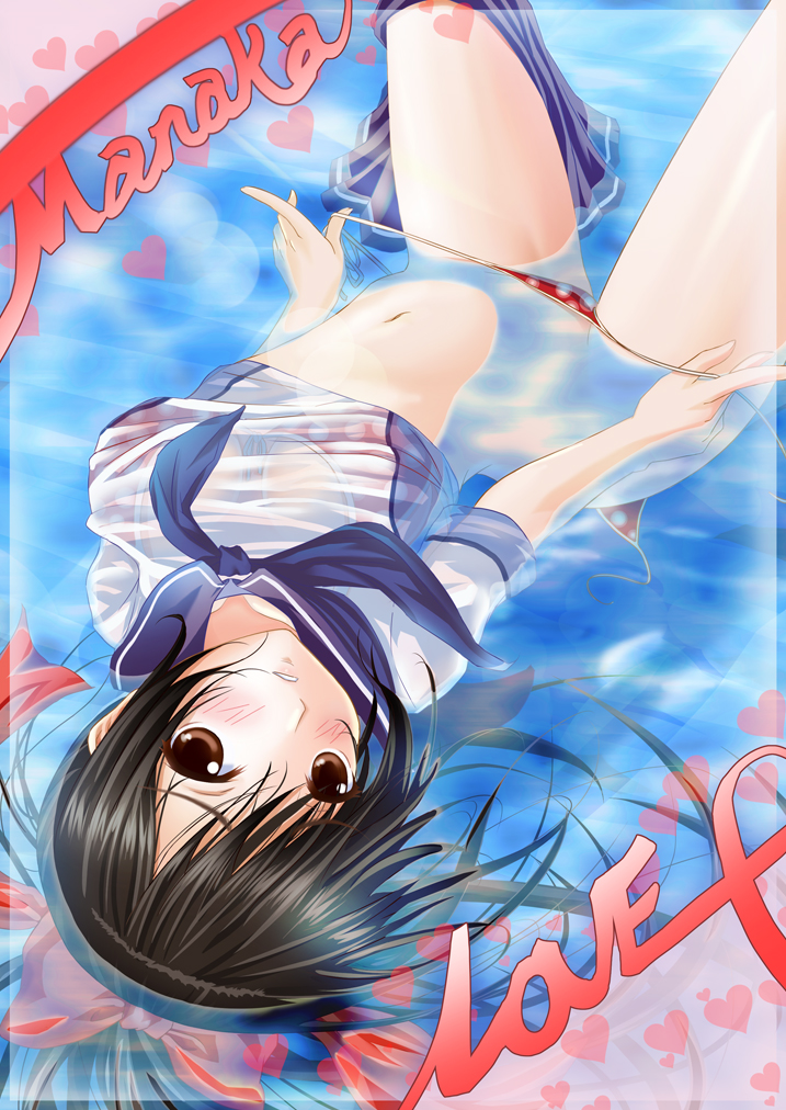 nisson, takane manaka, love plus, 1girl, bikini, bikini pull, black hair, bow, clothes pull, female focus, hair bow, long hair, lying, panties, panty pull, polka dot, polka dot bikini, ponytail, school uniform, see-through clothes, serafuku, side-tie bikini bottom, solo, swimsuit, underwear, untied bikini, water