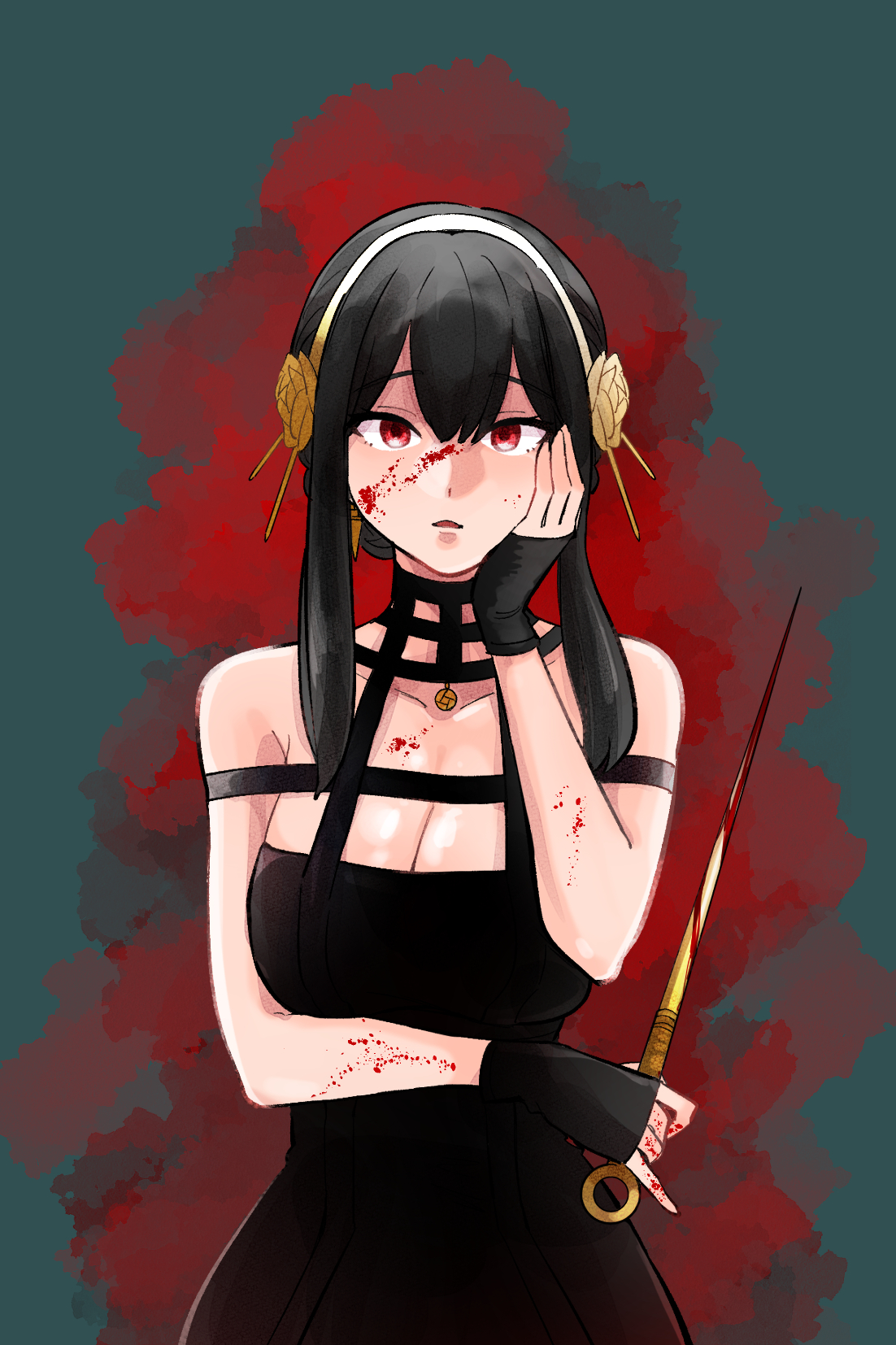 ayuhata toba, yor briar, spy x family, commentary request, highres, 1girl, bare shoulders, black dress, black gloves, black hair, blood, blood on arm, blood on chest, breasts, cleavage, collarbone, dagger, double-parted bangs, dress, earrings, fingerless gloves, gloves, gold earrings, gold hairband, grey background, hairband, hand on own cheek, hand on own face, holding, holding dagger, holding knife, holding weapon, jewelry, knife, large breasts, looking at viewer, parted lips, red eyes, short hair with long locks, sidelocks, sleeveless, sleeveless dress, solo, upper body, weapon