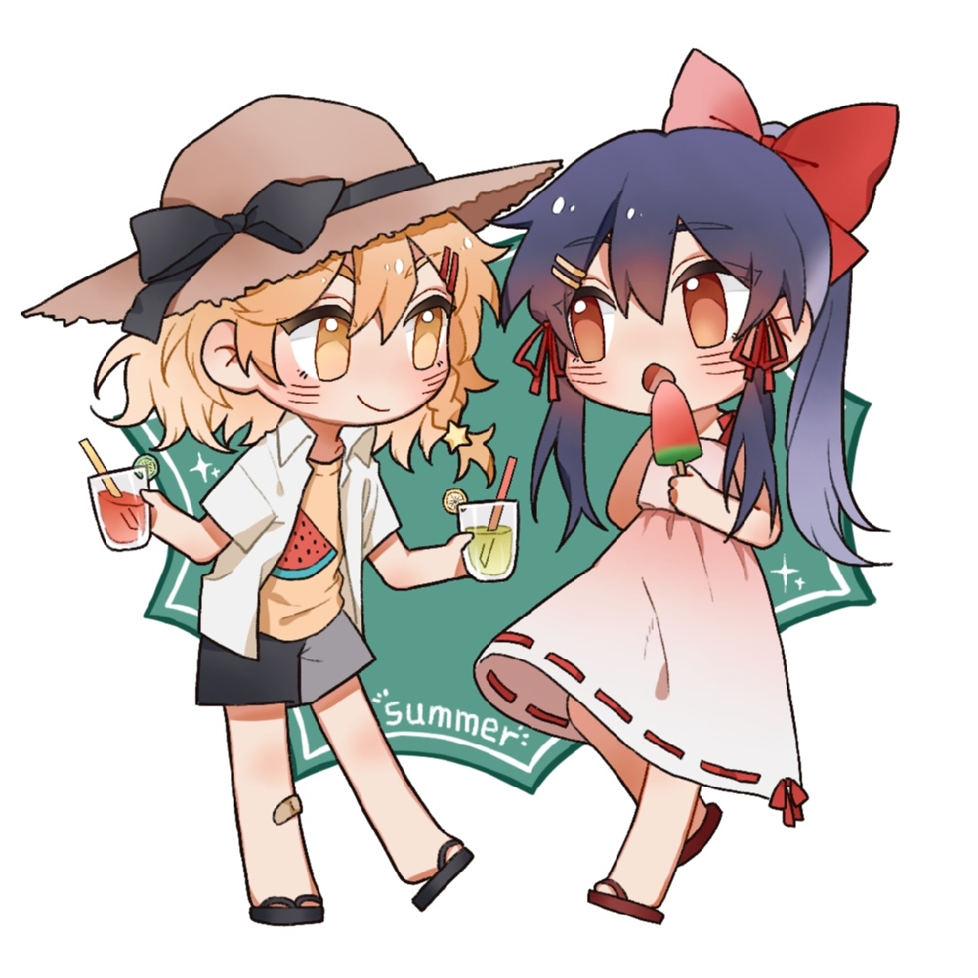 hitte5416, hakurei reimu, kirisame marisa, touhou, chinese commentary, commentary request, 2girls, alternate costume, alternate headwear, bandaid, bandaid on knee, bandaid on leg, black bow, black sandals, black shorts, blush, bow, braid, brown hat, chibi, chibi only, closed mouth, cup, dress, drinking glass, drinking straw, eye contact, food, food print, fruit, fruit print, gradient clothes, gradient dress, hair bow, hair ornament, hair ribbon, hairpin, hat, hat bow, holding, holding cup, juice, lemon, lemon slice, looking at another, multiple girls, open clothes, open mouth, open shirt, ponytail, popsicle, print shirt, red bow, red dress, red eyes, red ribbon, red sandals, ribbon, ribbon-trimmed dress, ribbon trim, sandals, shirt, short sleeves, shorts, side braid, single braid, smile, star (symbol), star hair ornament, sun hat, watermelon bar, watermelon print, white dress, white shirt, yellow shirt