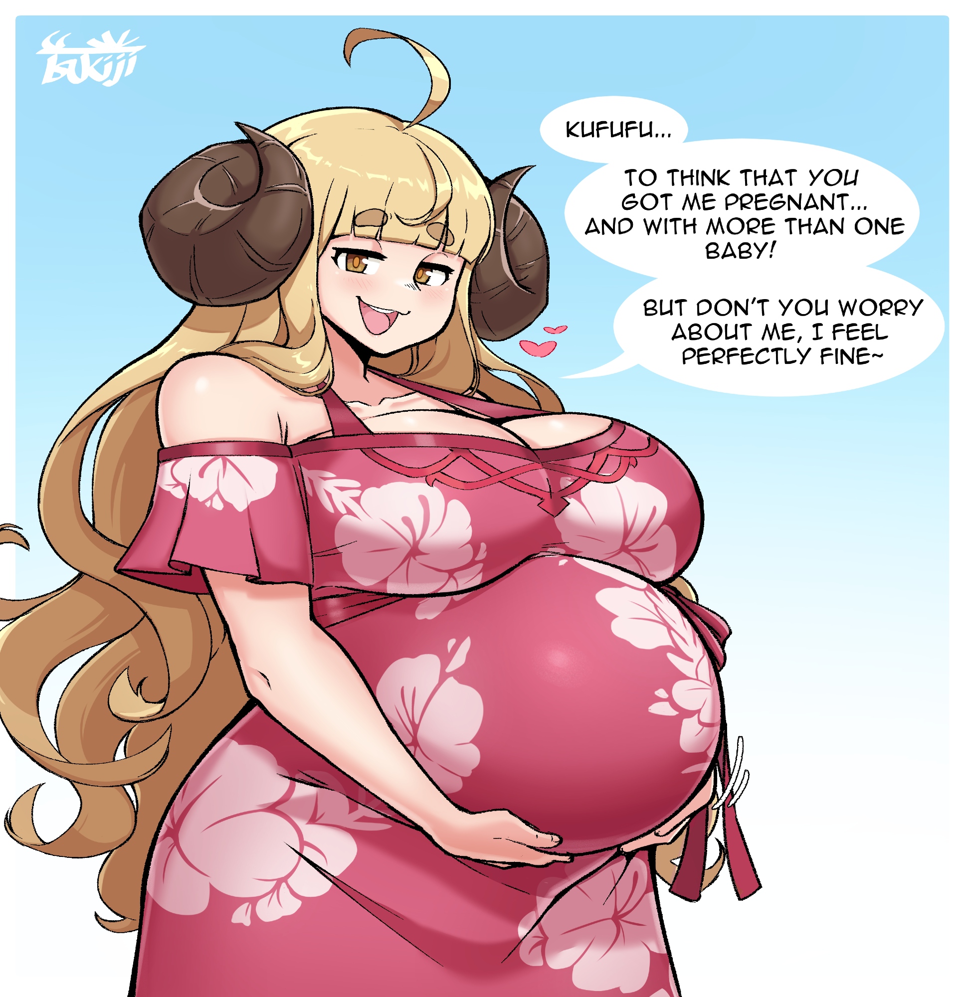 tsukijitums, anila (granblue fantasy), granblue fantasy, commentary, english commentary, highres, 1girl, ahoge, artist logo, artist name, bare shoulders, belly, big belly, blunt bangs, border, breasts, cleavage, collarbone, dress, english text, hands on own stomach, horns, logo, long hair, looking at viewer, open mouth, pregnant, solo, speech bubble, teeth, tongue, upper teeth only, very long hair, white border