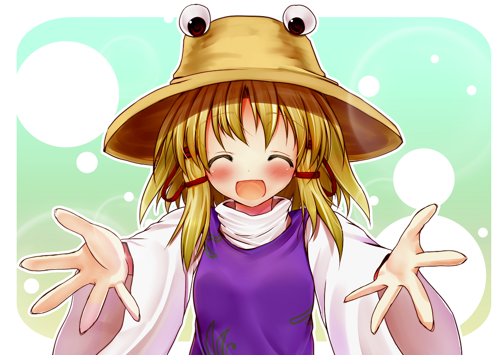 scarlet (studioscr), moriya suwako, touhou, bad id, bad pixiv id, 1girl, blonde hair, blush, closed eyes, female focus, frog, gradient background, hat, ribbon, short hair, smile, solo, upper body