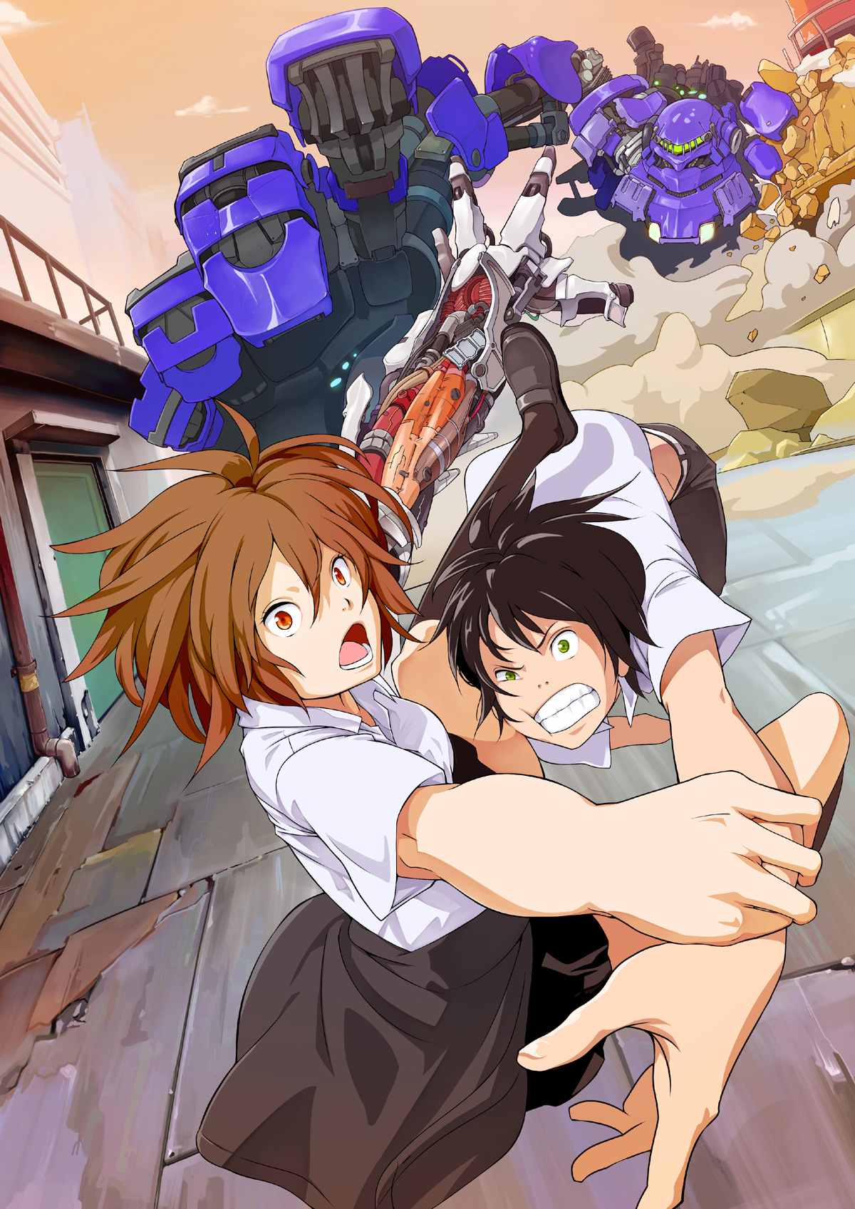 gura (kmj), original, bad id, bad pixiv id, highres, 1boy, 1girl, black hair, brown hair, green eyes, mecha, mechanical arms, red eyes, robot, school uniform, single mechanical arm