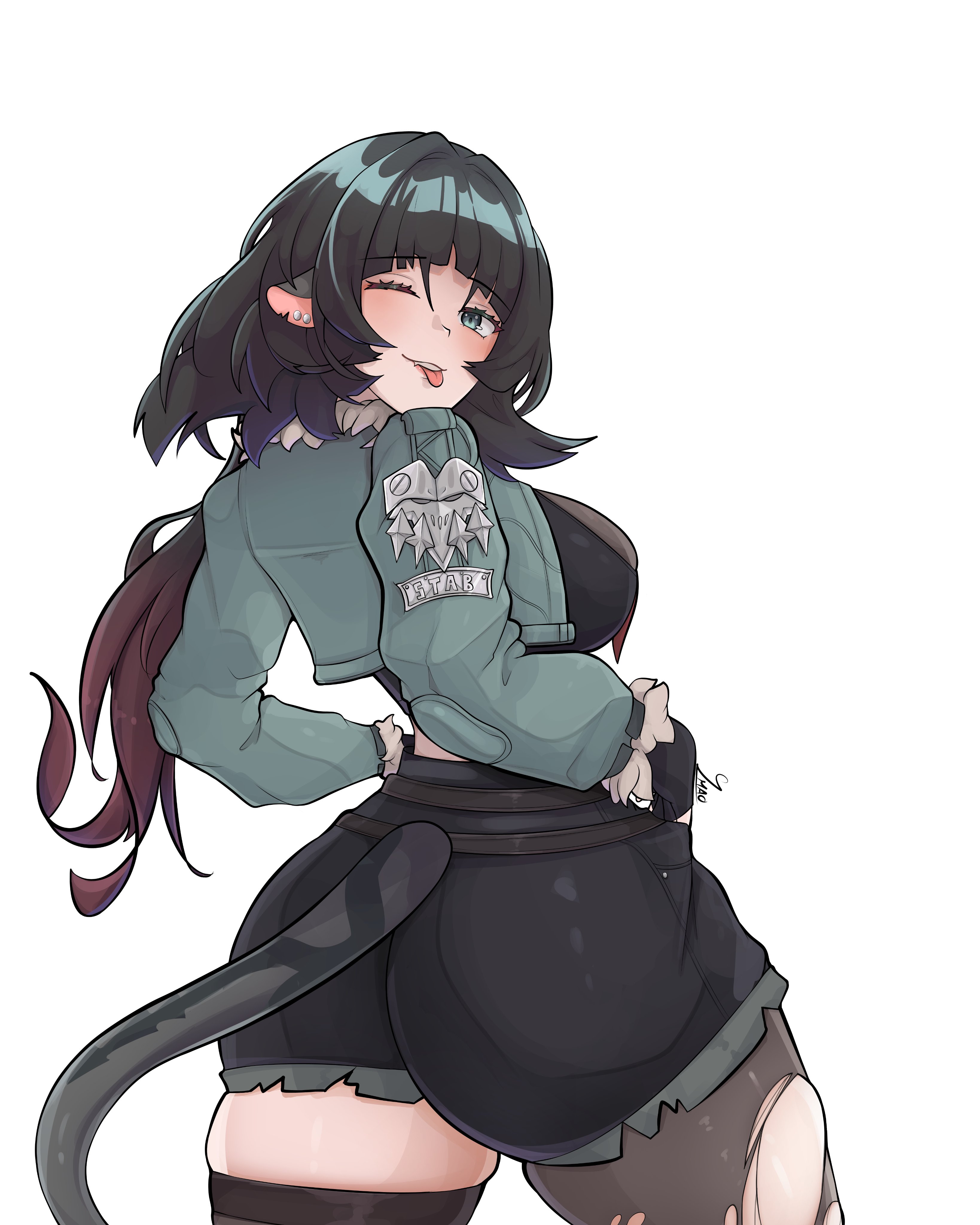 srlmao, jane doe (zenless zone zero), zenless zone zero, absurdres, commentary, english commentary, highres, 1girl, 2025, alternate breast size (larger), animal ears, artist name, ass, ass focus, black hair, black shorts, breasts, brown pantyhose, brown thighhighs, coat, contrapposto, cowboy shot, ear piercing, fingernails, gradient hair, grey coat, hand on own hip, huge ass, lace trim, large breasts, lips, long hair, looking at viewer, looking back, mouse ears, mouse girl, mouse tail, multicolored hair, nail polish, one eye closed, pantyhose, piercing, prehensile tail, red hair, red nails, shorts, simple background, single leg pantyhose, single thighhigh, skindentation, sleeveless, solo, standing, tail, thighhighs, tongue, tongue out, torn clothes, torn pantyhose, torn thighhighs, two-tone hair, white background, wink
