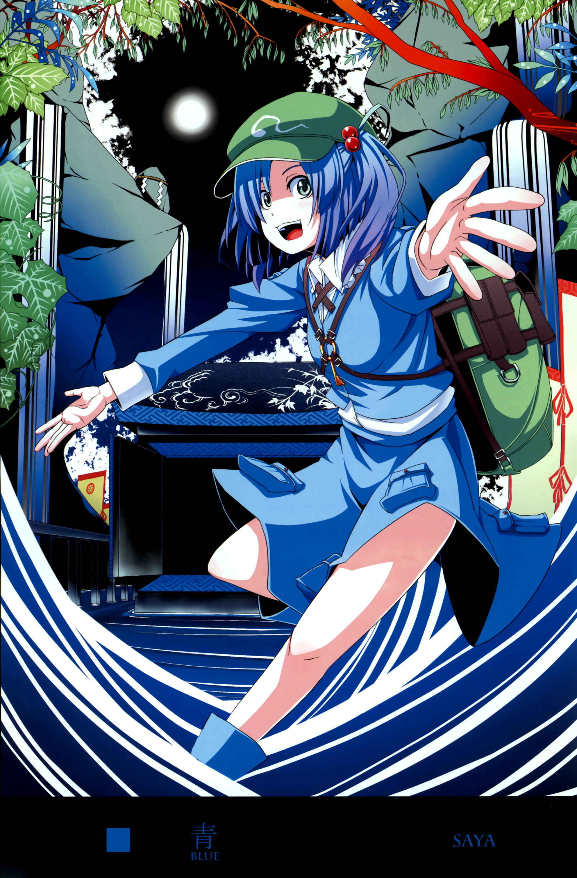 mendou saya, kawashiro nitori, touhou, absurdres, highres, 1girl, backpack, bag, blue hair, female focus, full moon, green eyes, hat, leaf, legs, moon, randoseru, short hair, solo, twintails, two side up