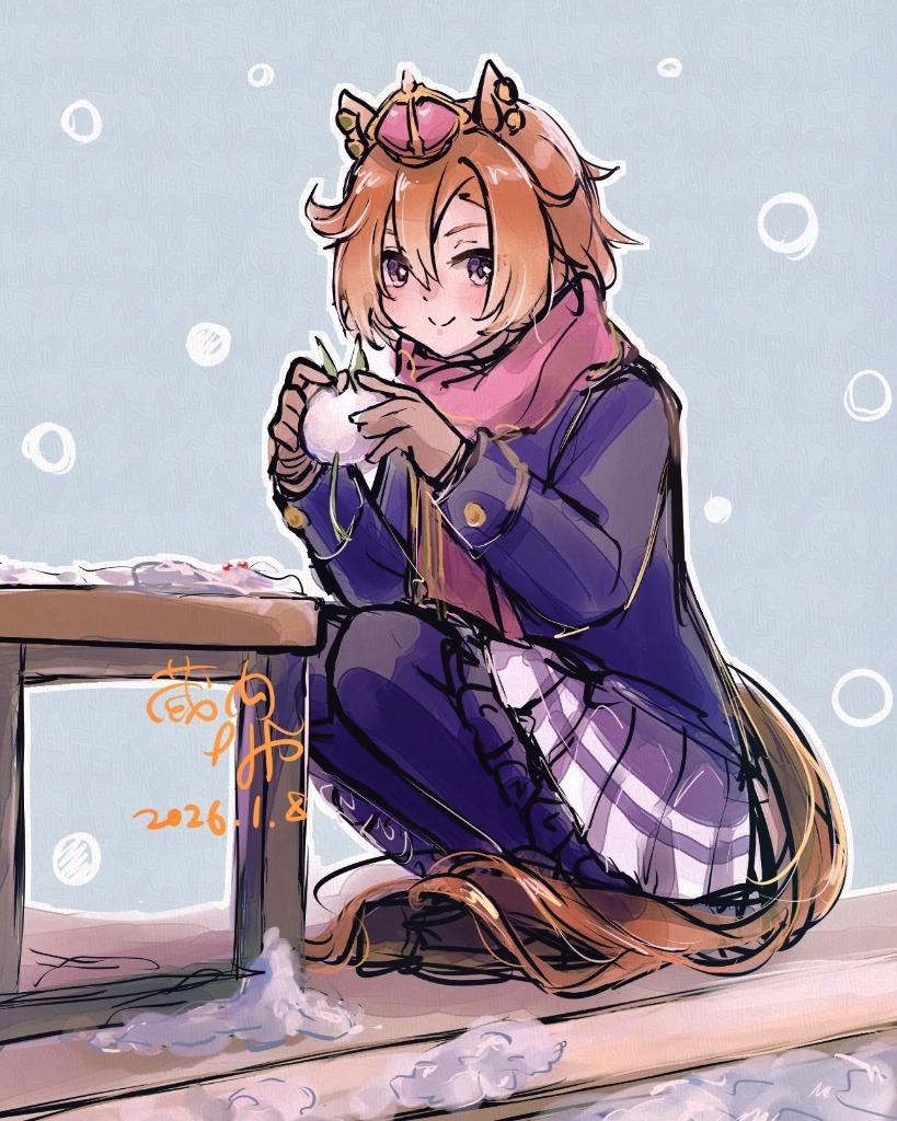 kurauchi naya, t.m. opera o (umamusume), umamusume, commentary request, 1girl, animal ears, blue coat, blush, buttons, closed mouth, coat, crown, double-breasted, ear ornament, hair between eyes, horse ears, horse girl, horse tail, knitting, knitting needle, long sleeves, mini crown, needle, orange hair, orange tail, pink scarf, purple eyes, purple serafuku, purple skirt, purple thighhighs, scarf, school uniform, serafuku, shirt, short hair, skirt, smile, solo, squatting, tail, thighhighs, tracen school uniform, tracen winter coat, winter clothes, winter coat, winter uniform