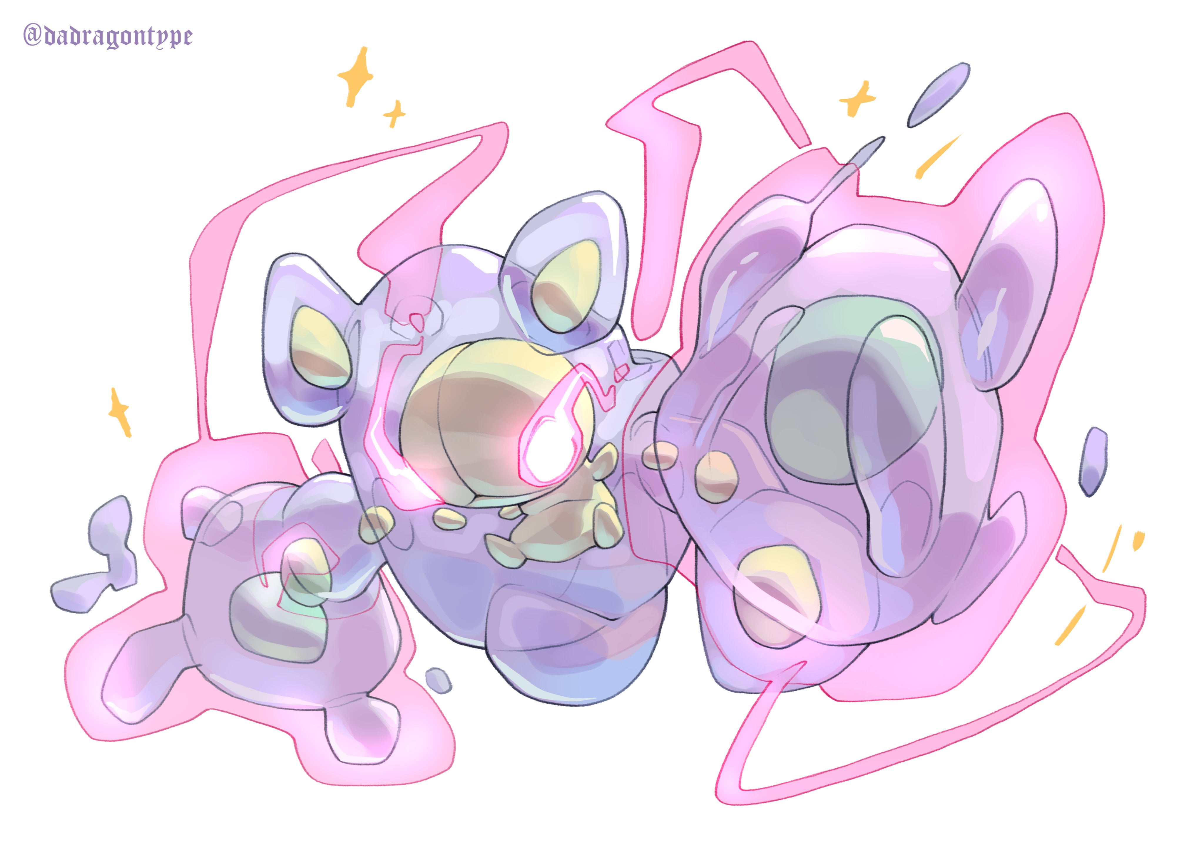 dadragontype2, reuniclus, nintendo, pokemon, absurdres, commentary, english commentary, highres, alternate color, closed mouth, full body, gen 5 pokemon, glowing, glowing eyes, pokemon (creature), pokemon focus, purple eyes, shiny pokemon, simple background, solo, white background