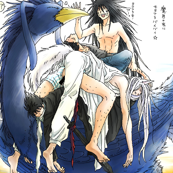 demon yuusuke, hiei, kurama (yu yu hakusho), kuwabara kazuma, puu (yu yu hakusho), sensui shinobu, urameshi yuusuke, youko kurama, yuu yuu hakusho, silver hair, 4boys, alternate form, animal ears, barefoot, black hair, closed eyes, fox ears, fox tail, long hair, male focus, multiple boys, open mouth, smile, tail