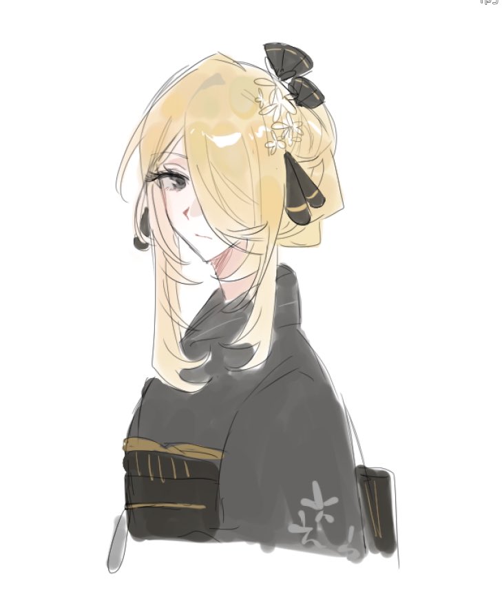 cynthia (pokemon), accessory hair, blonde hair, flower, hair flower, hair ornament, hair over one eye, japanese clothes, kimono, updo