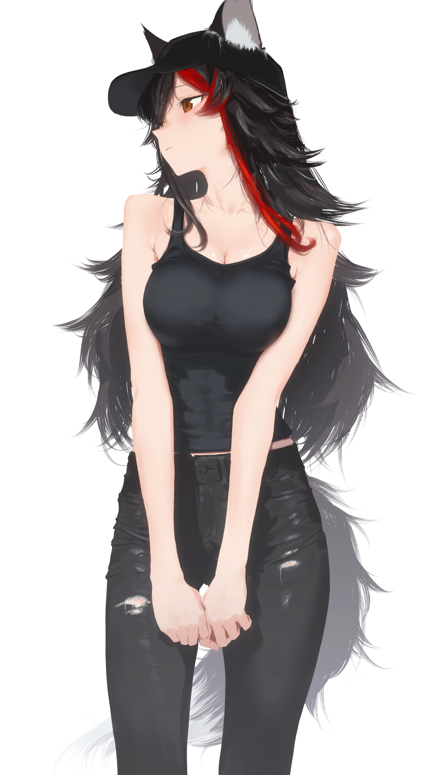 cohi27151463, ookami mio, hololive, highres, 1girl, alternate costume, animal ears, baseball cap, black hair, black hat, black pants, black tank top, breasts, breasts squeezed together, casual, cleavage, closed mouth, denim, ears through headwear, expressionless, feet out of frame, hat, jeans, large breasts, long hair, looking to the side, midriff peek, multicolored hair, orange eyes, own hands together, pants, red hair, simple background, sleeveless, solo, standing, streaked hair, tank top, torn clothes, torn pants, very long hair, virtual youtuber, white background, white hair, wolf ears, wolf girl