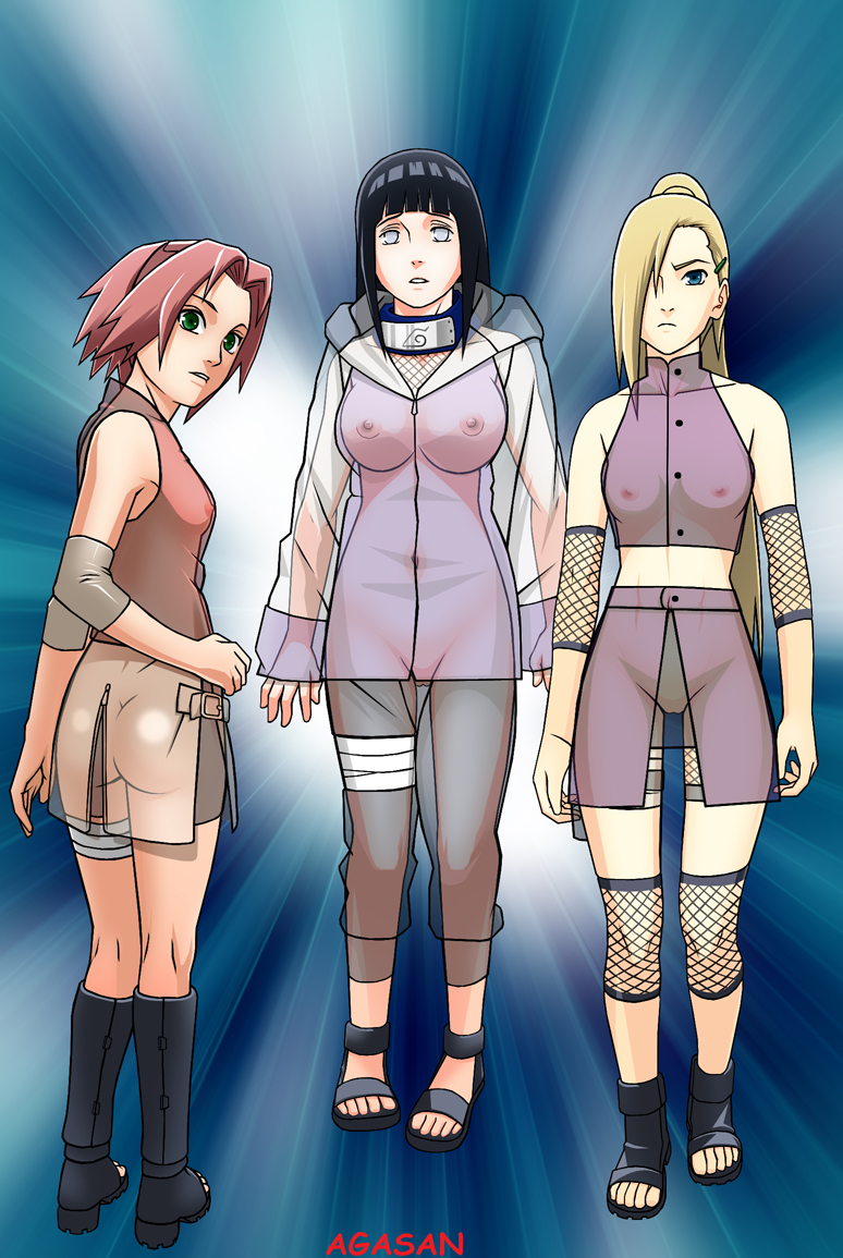 agasan, haruno sakura, hyuuga hinata, yamanaka ino, naruto (classic), naruto (series), 3girls, black hair, blonde hair, green eyes, hair over one eye, multiple girls, nude, pink hair, sandals, see-through clothes, uncensored