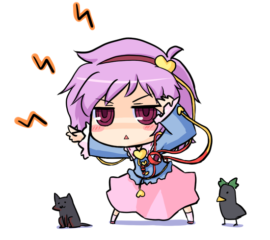 nekoyama, kaenbyou rin, kaenbyou rin (cat), komeiji satori, reiuji utsuho, reiuji utsuho (bird), touhou, bad id, bad pixiv id, 1girl, chibi, female focus, full body, pink shoes, shoes, short hair, simple background, skirt, solo, third eye, white background
