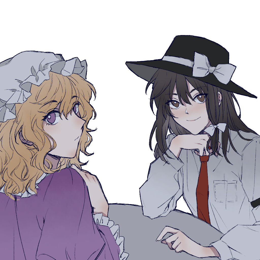 hitte5416, maribel hearn, usami renko, touhou, chinese commentary, commentary request, 2girls, black hat, blonde hair, bow, brown eyes, brown hair, closed mouth, collared shirt, dress, hair bow, hat, hat bow, long hair, long sleeves, looking at viewer, mob cap, multiple girls, necktie, purple dress, purple eyes, shirt, simple background, smile, table, white background, white bow, white hat, white shirt