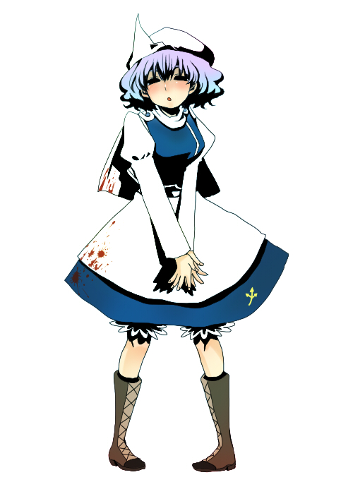 mame usagi, letty whiterock, touhou, bad id, bad pixiv id, 1girl, blood, female focus, full body, hat, short hair, simple background, solo, standing, white background