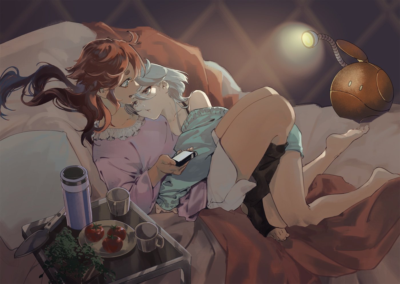 mak (kainemaru), haro, miorine rembran, suletta mercury, gundam, gundam suisei no majo, toeless socks, commentary, 2girls, ahoge, bare legs, barefoot, bed, cellphone, couple, cuddling, grey hair, holding, holding phone, hug, lamp, looking at another, multiple girls, phone, red hair, short shorts, shorts, smartphone, tomato, tray, yuri
